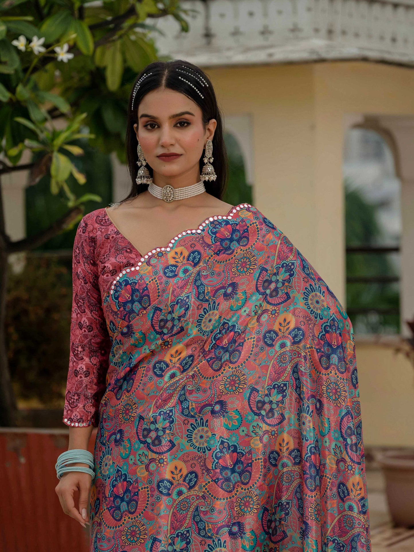 Jyoti Fashion Women's Multicolor Chinon Digital Print with Mirror Saree with Blouse | Swadesiicart
