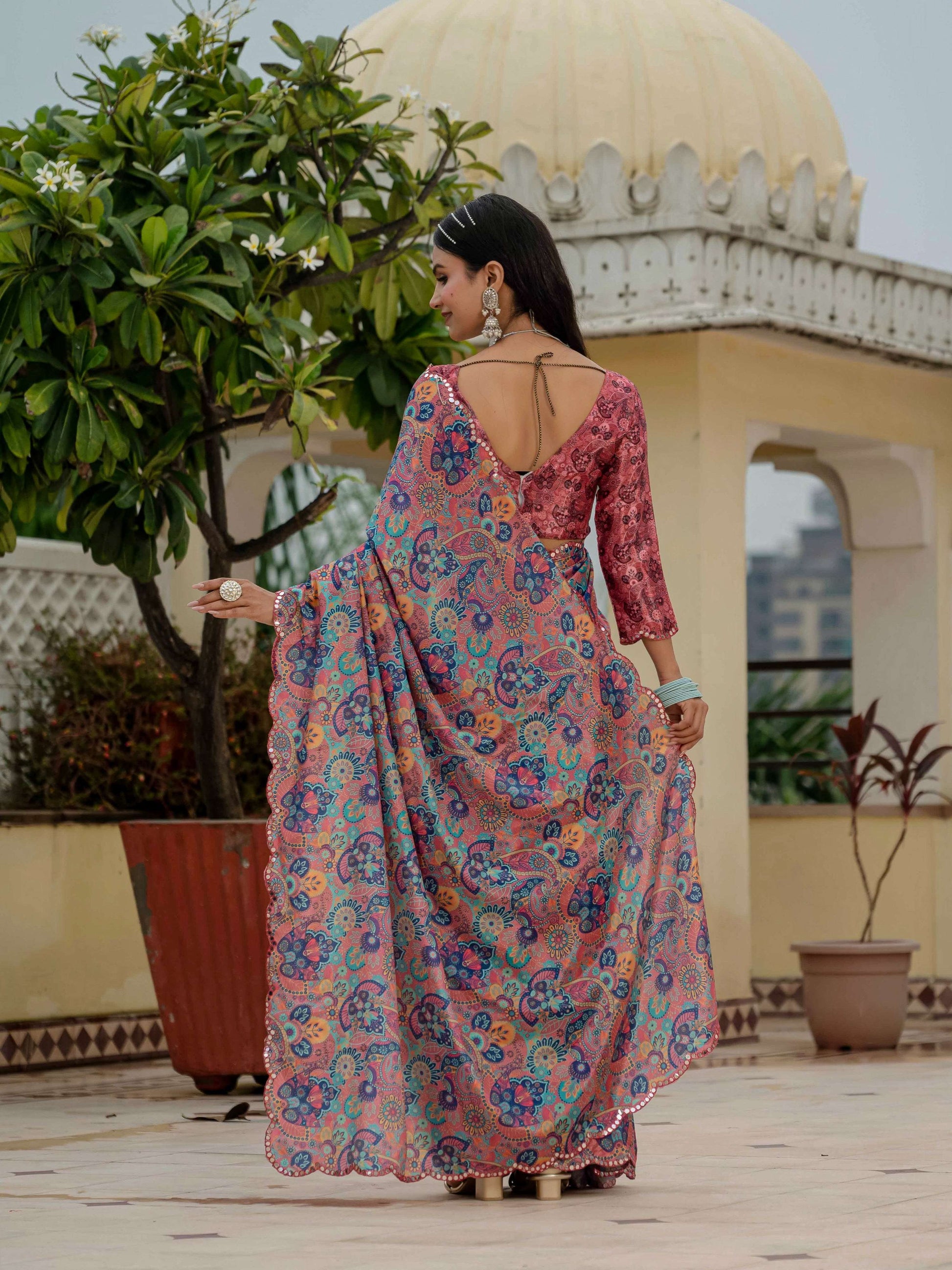 Jyoti Fashion Women's Multicolor Chinon Digital Print with Mirror Saree with Blouse | Swadesiicart