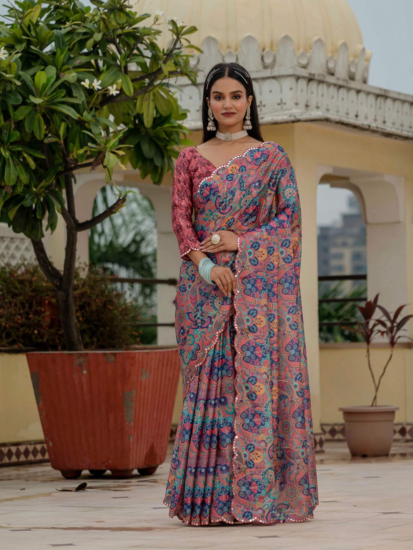 Jyoti Fashion Women's Multicolor Chinon Digital Print with Mirror Saree with Blouse | Swadesiicart