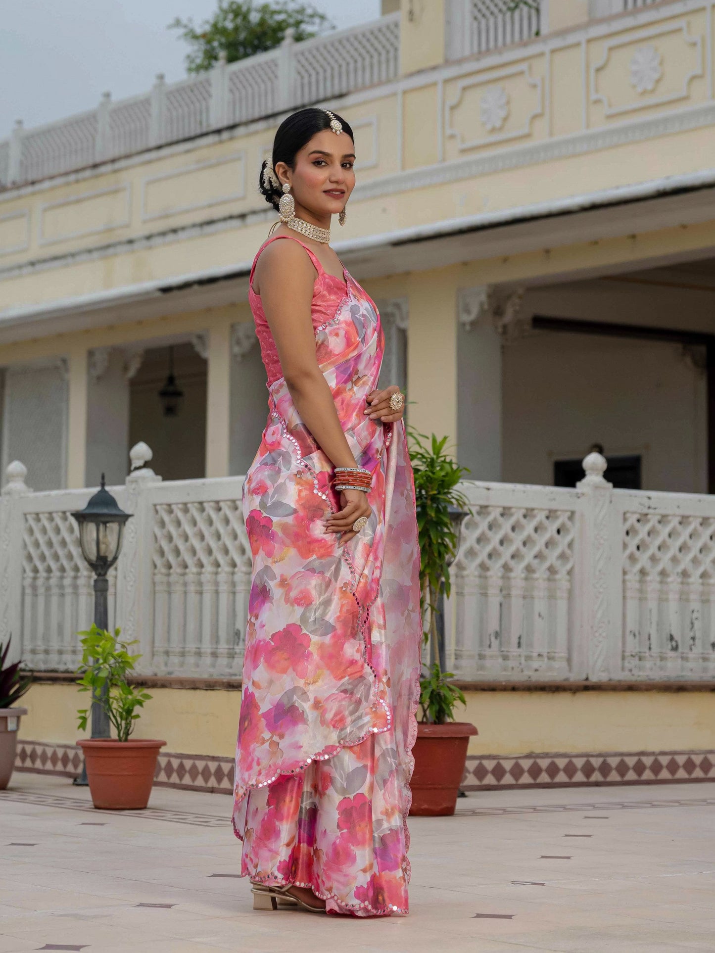 Jyoti Fashion Women's Pink Chinon Digital Print with Mirror Saree with Blouse | Swadesiicart