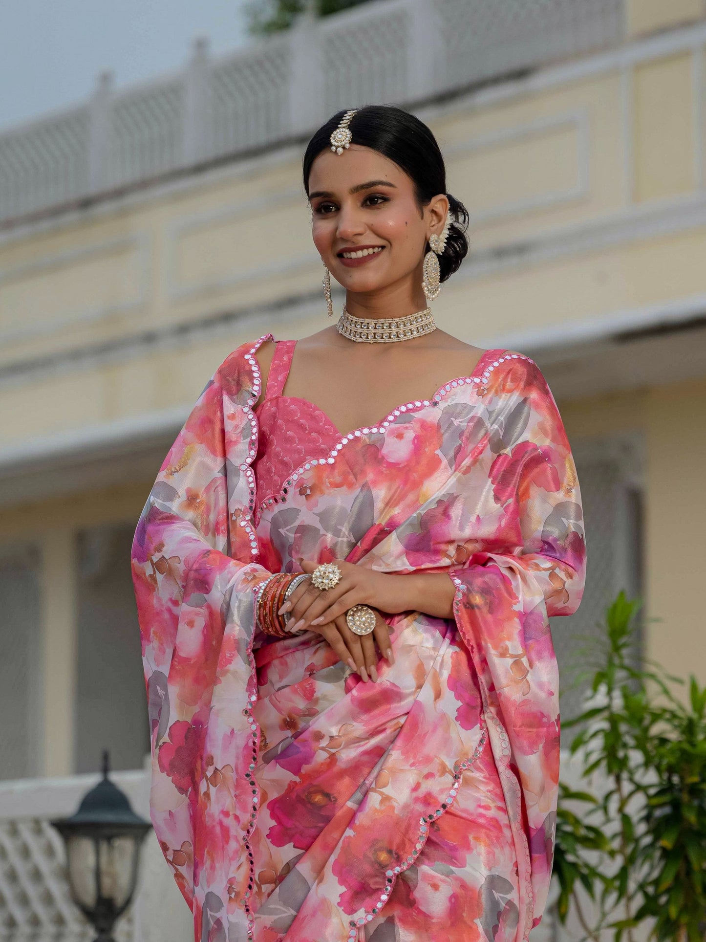Jyoti Fashion Women's Pink Chinon Digital Print with Mirror Saree with Blouse | Swadesiicart