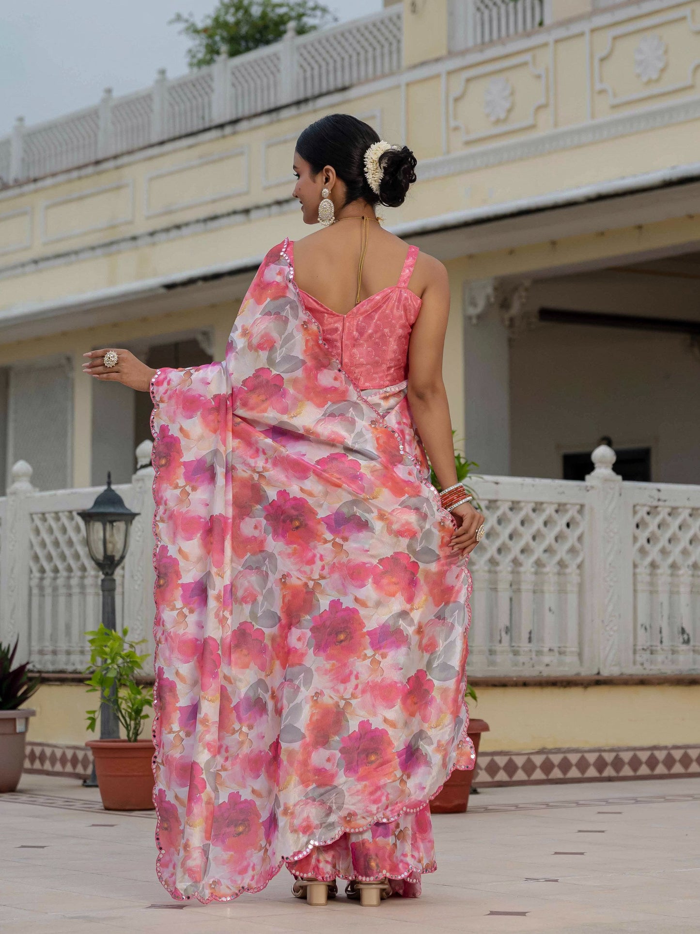 Jyoti Fashion Women's Pink Chinon Digital Print with Mirror Saree with Blouse | Swadesiicart