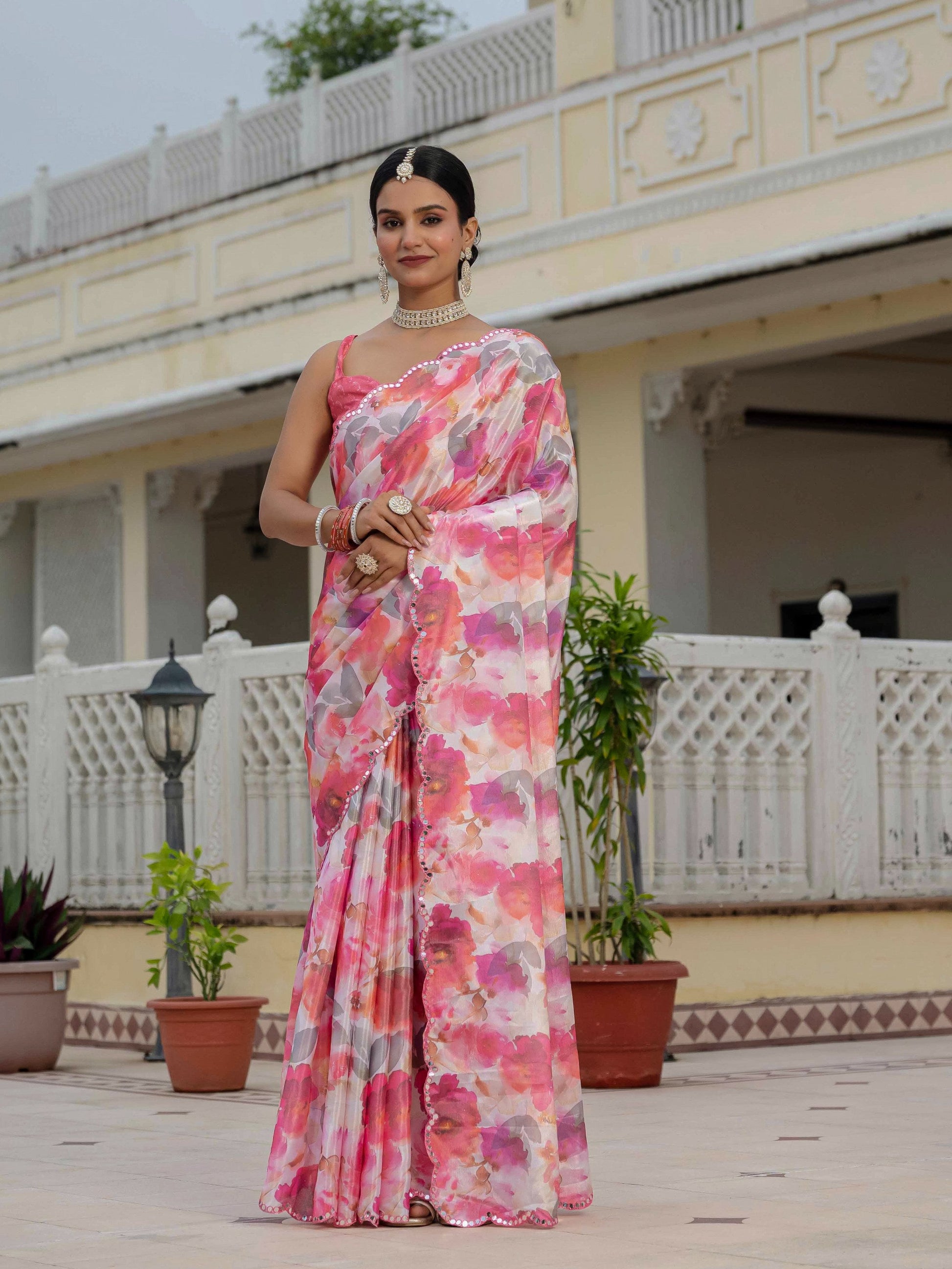Jyoti Fashion Women's Pink Chinon Digital Print with Mirror Saree with Blouse | Swadesiicart