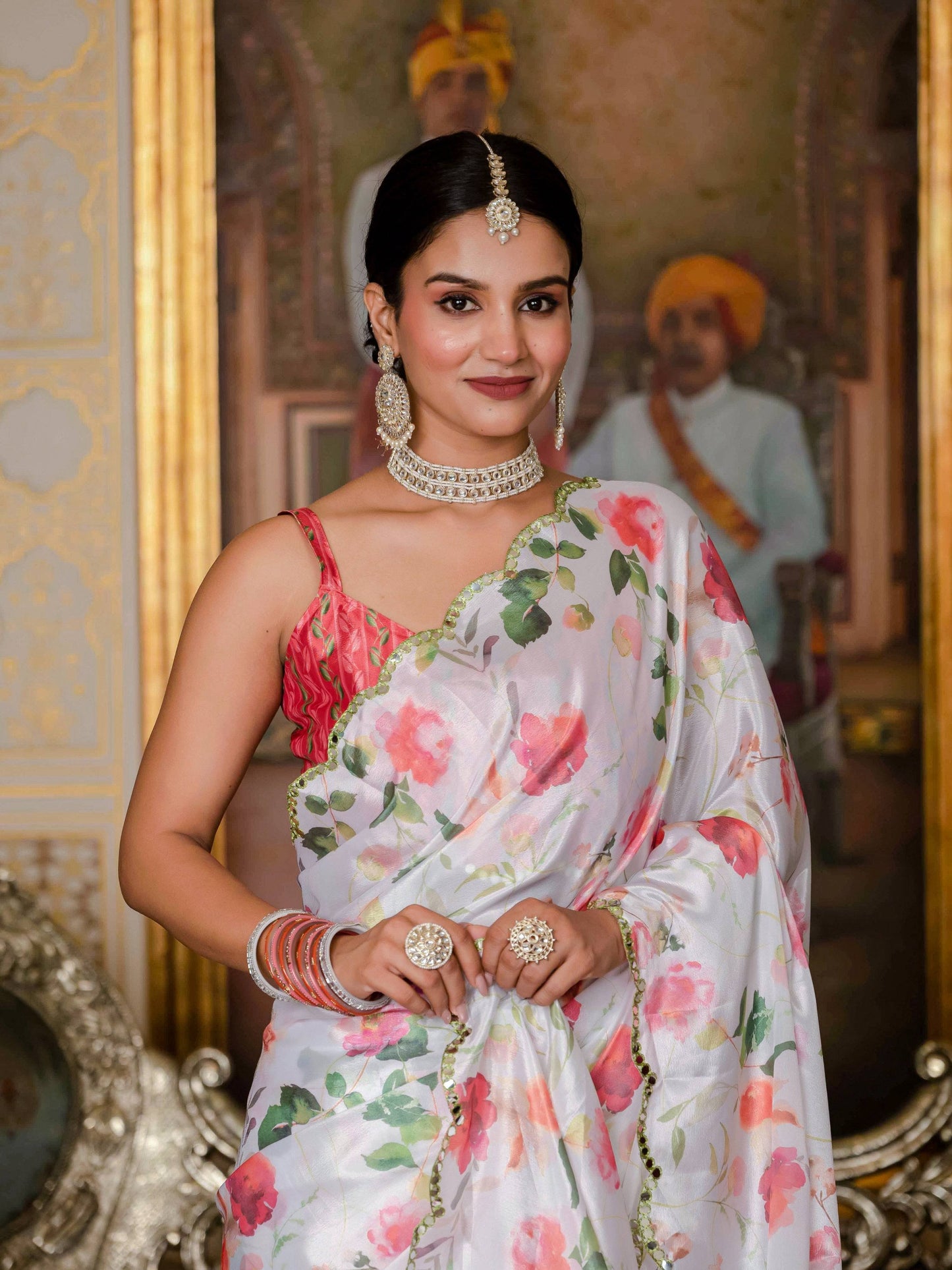 Jyoti Fashion Women's White Chinon Digital Print with Mirror Saree with Blouse | Swadesiicart