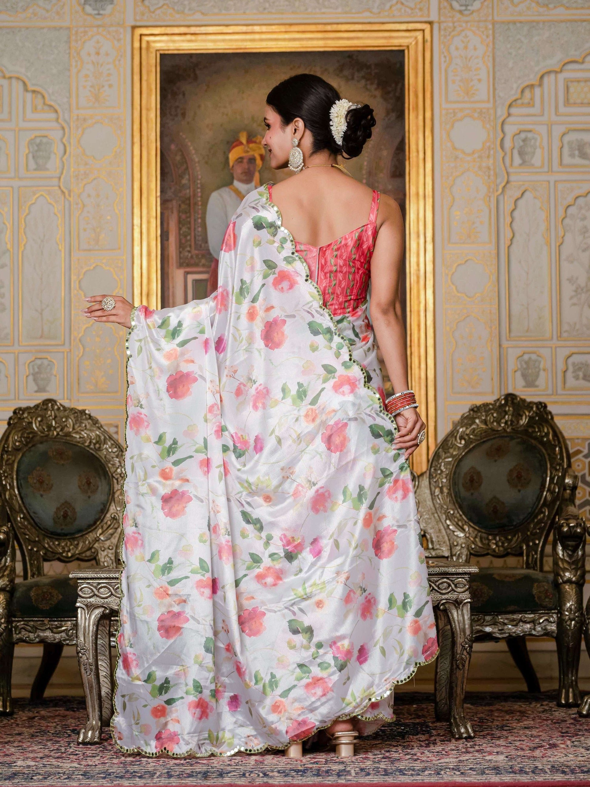 Jyoti Fashion Women's White Chinon Digital Print with Mirror Saree with Blouse | Swadesiicart
