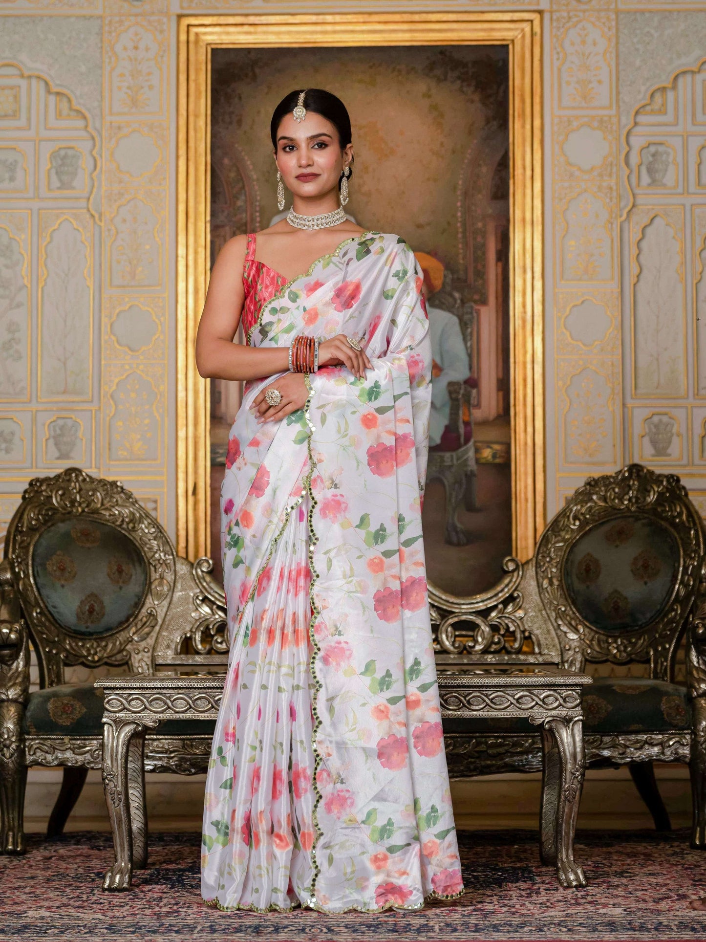 Jyoti Fashion Women's White Chinon Digital Print with Mirror Saree with Blouse | Swadesiicart