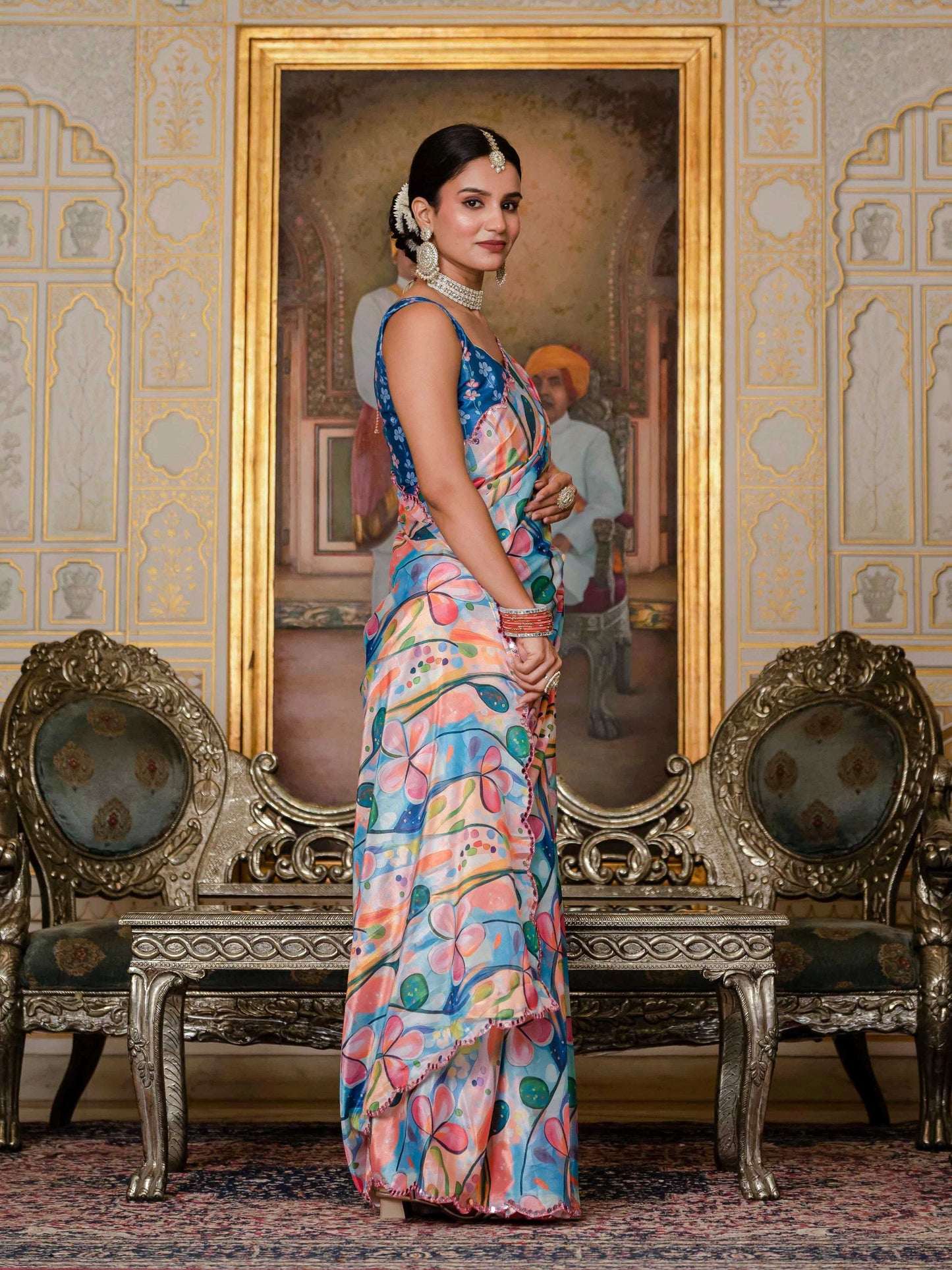 Jyoti Fashion Women's Multicolor Chinon Digital Print with Mirror Saree with Blouse | Swadesiicart