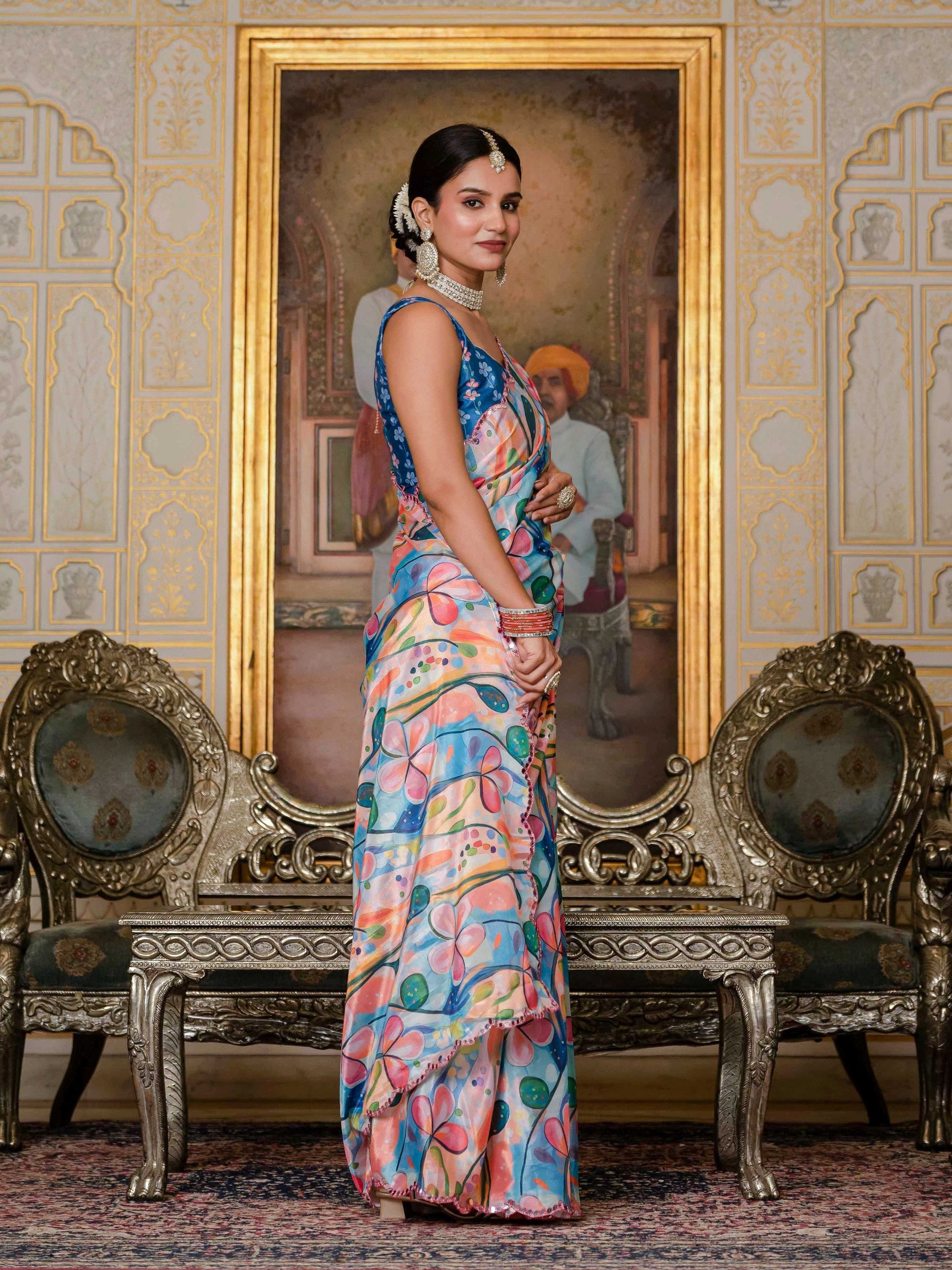 Jyoti Fashion Women's Multicolor Chinon Digital Print with Mirror Saree with Blouse | Swadesiicart