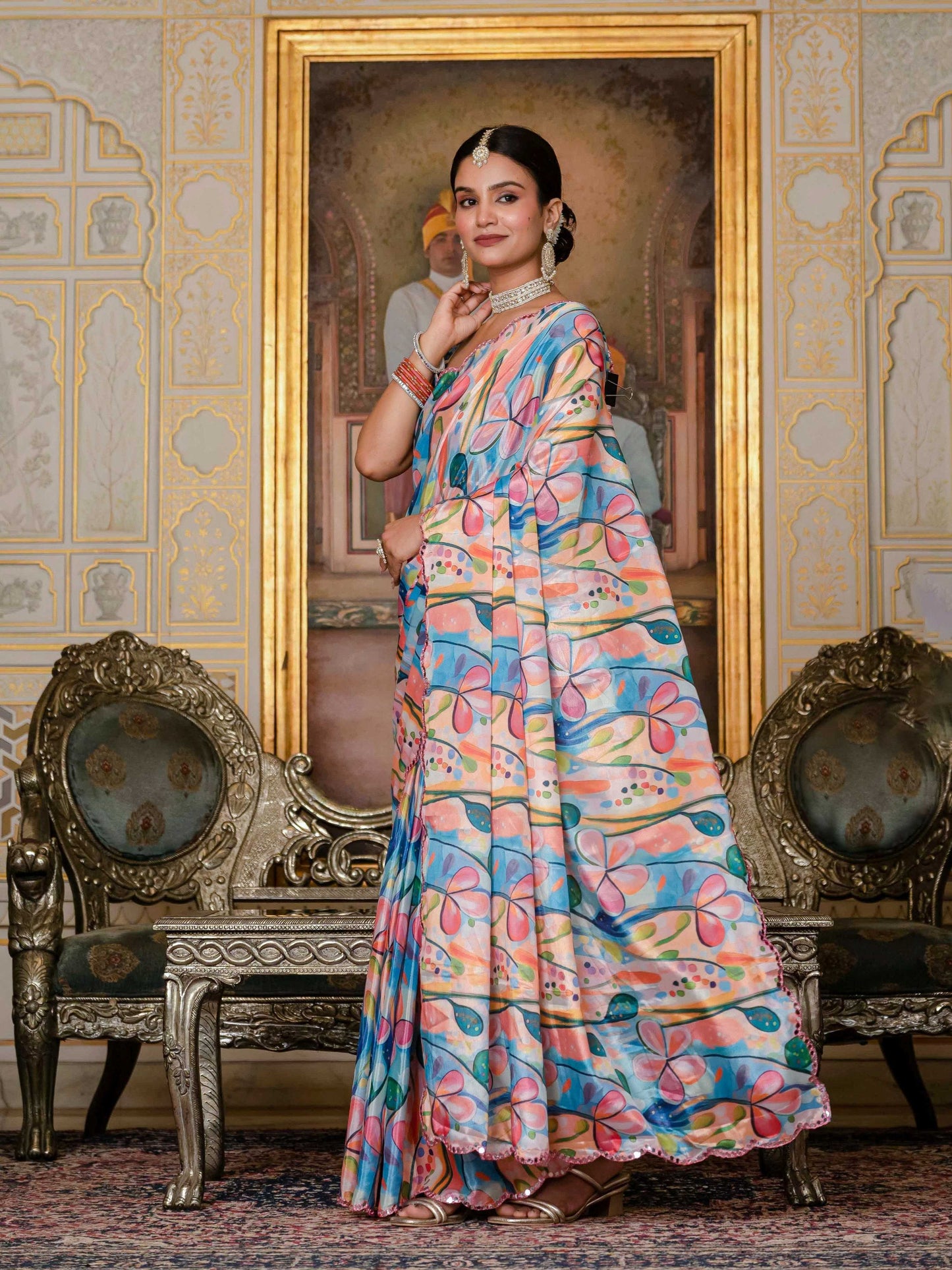 Jyoti Fashion Women's Multicolor Chinon Digital Print with Mirror Saree with Blouse | Swadesiicart