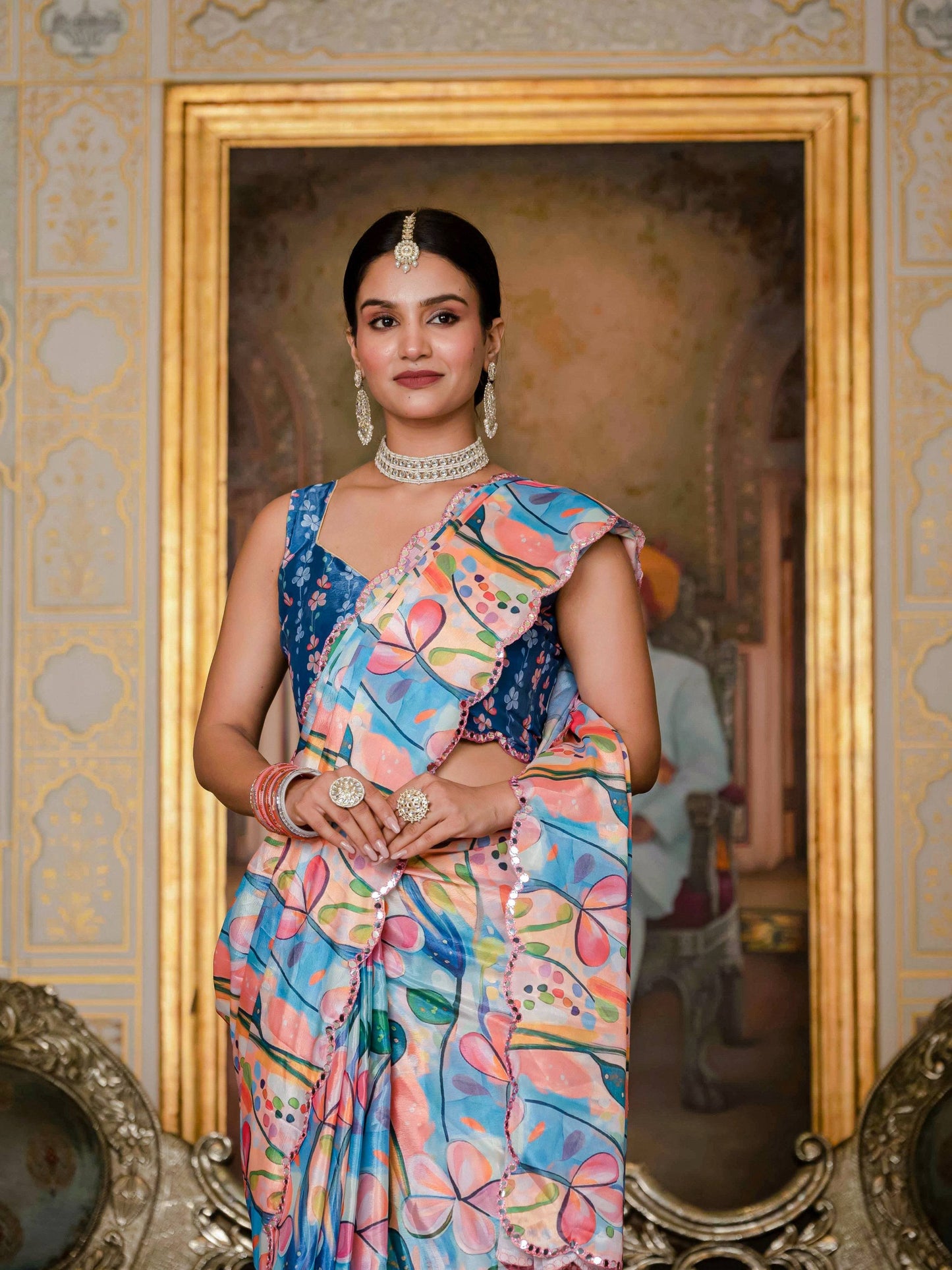 Jyoti Fashion Women's Multicolor Chinon Digital Print with Mirror Saree with Blouse | Swadesiicart