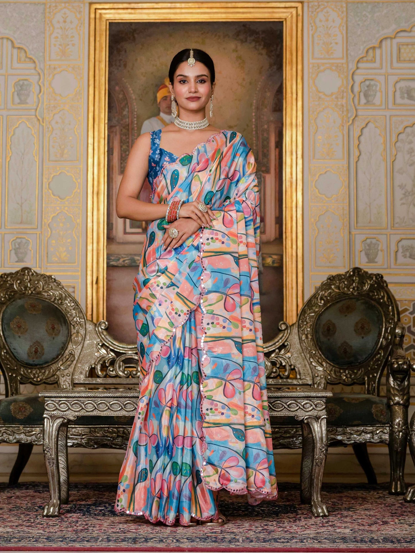 Jyoti Fashion Women's Multicolor Chinon Digital Print with Mirror Saree with Blouse | Swadesiicart