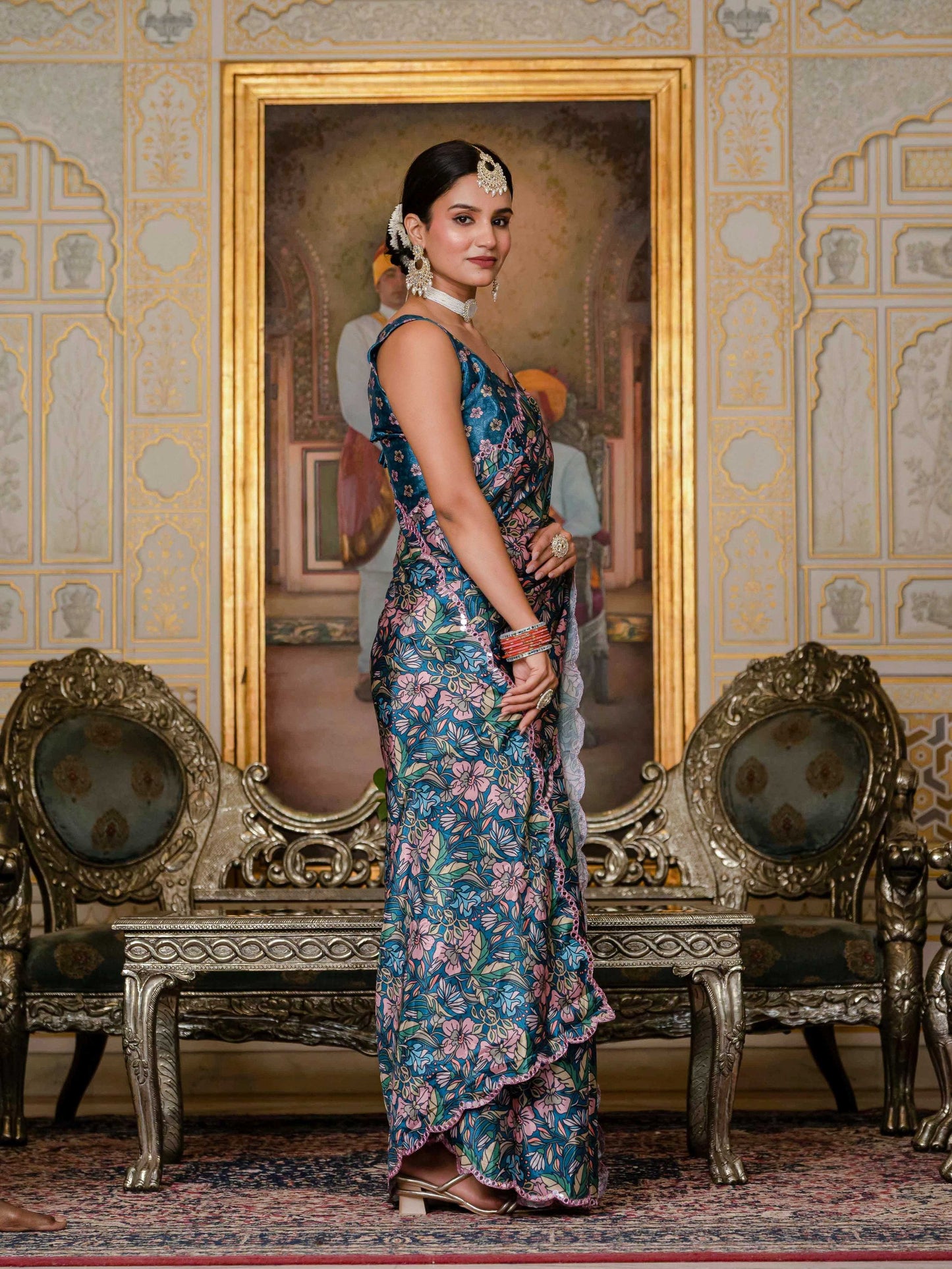 Jyoti Fashion Women's Morpich Chinon Digital Print with Mirror Saree with Blouse | Swadesiicart