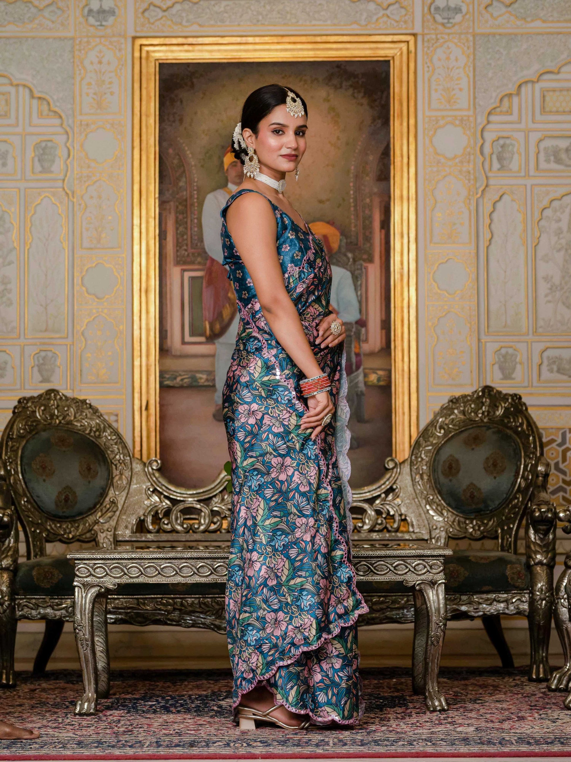 Jyoti Fashion Women's Morpich Chinon Digital Print with Mirror Saree with Blouse | Swadesiicart