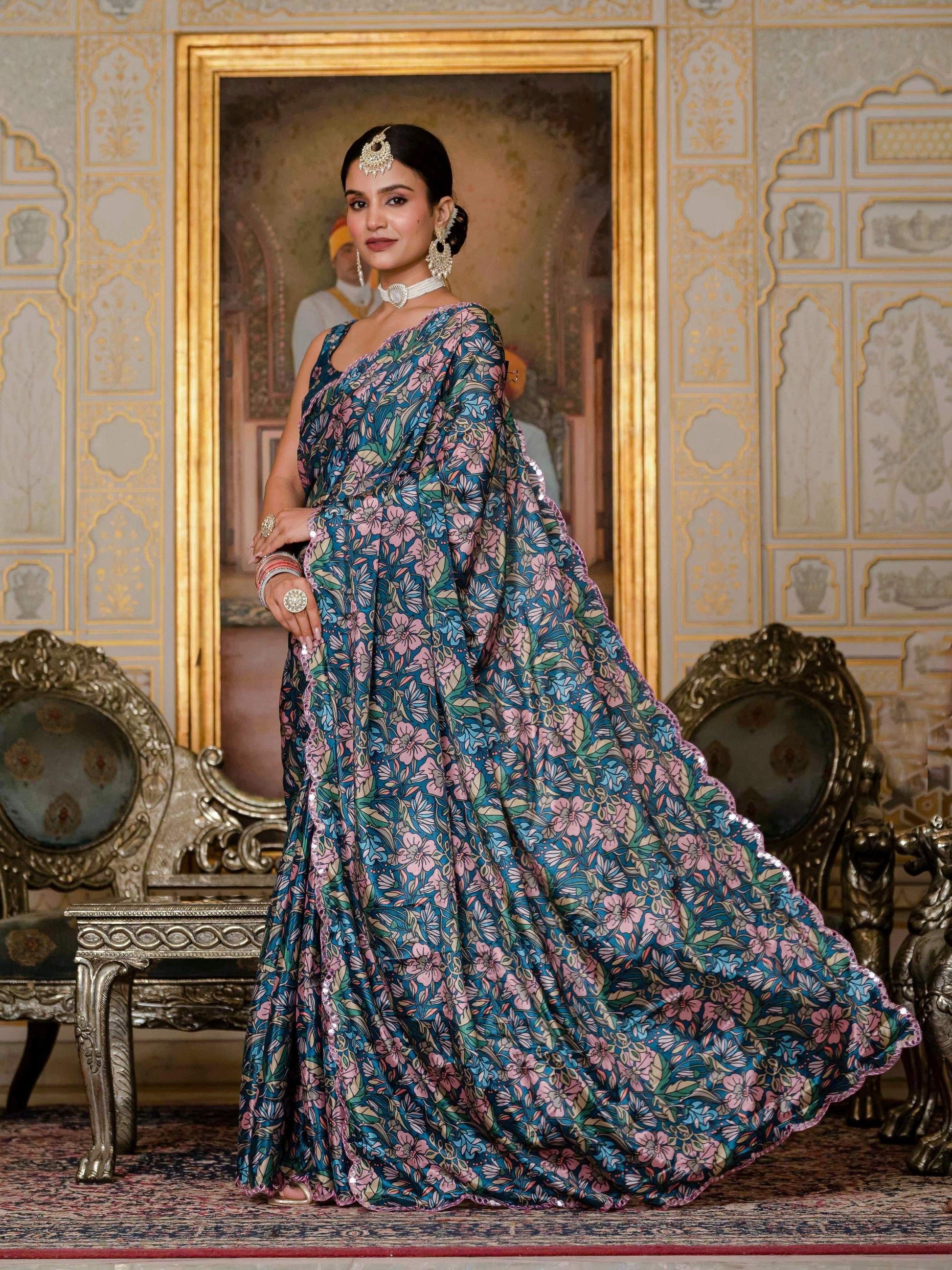 Jyoti Fashion Women's Morpich Chinon Digital Print with Mirror Saree with Blouse | Swadesiicart