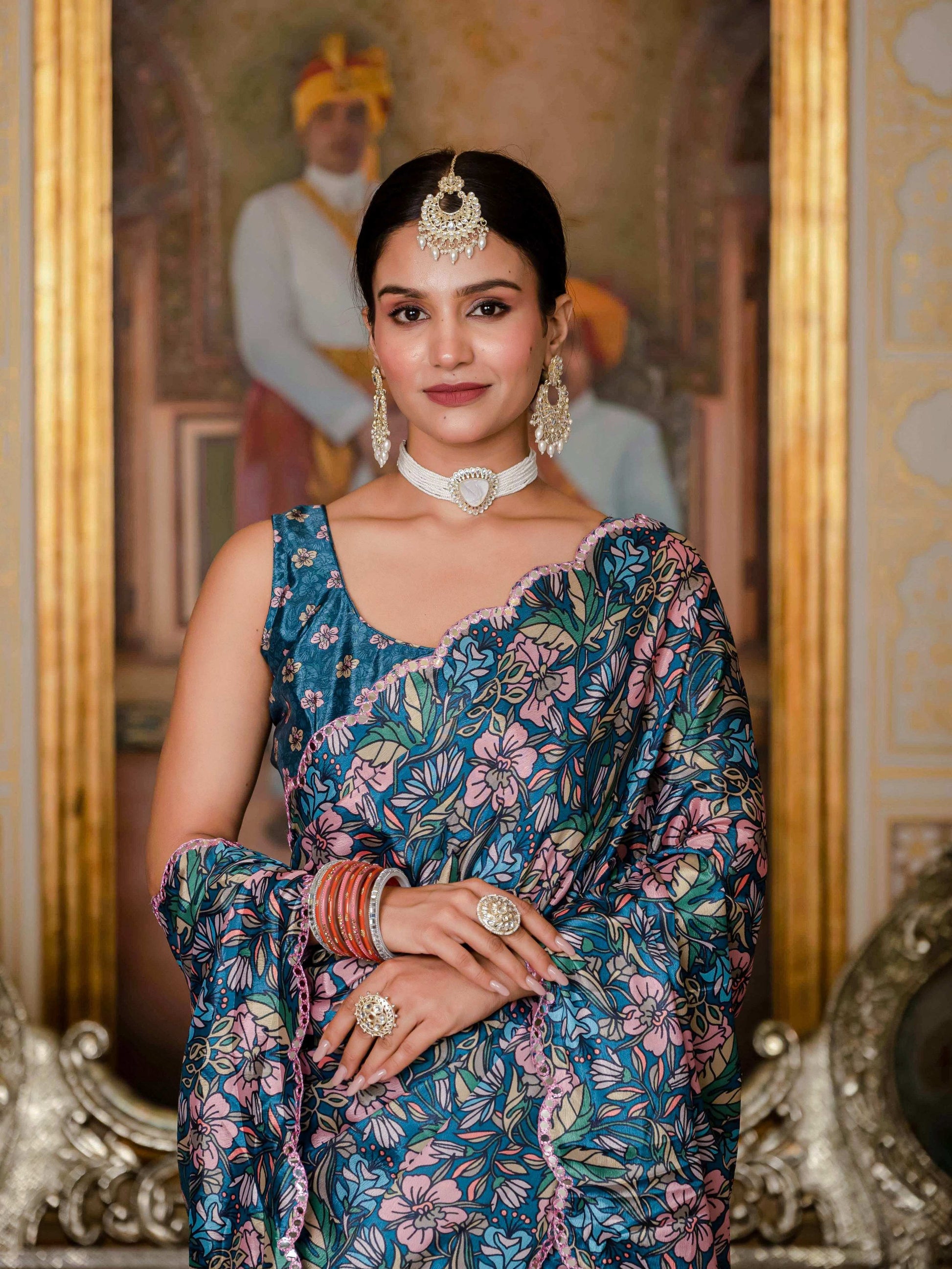 Jyoti Fashion Women's Morpich Chinon Digital Print with Mirror Saree with Blouse | Swadesiicart