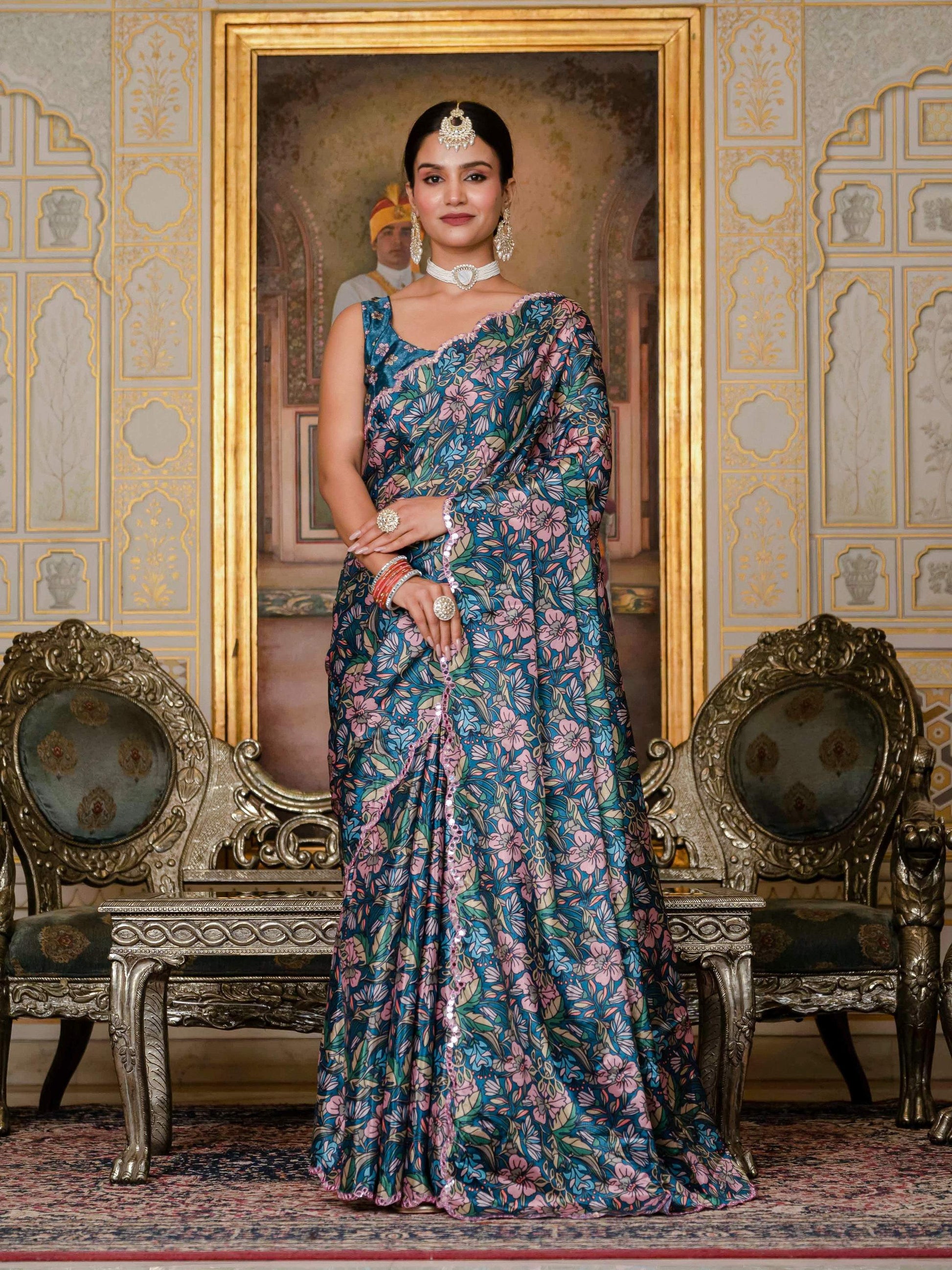 Jyoti Fashion Women's Morpich Chinon Digital Print with Mirror Saree with Blouse | Swadesiicart