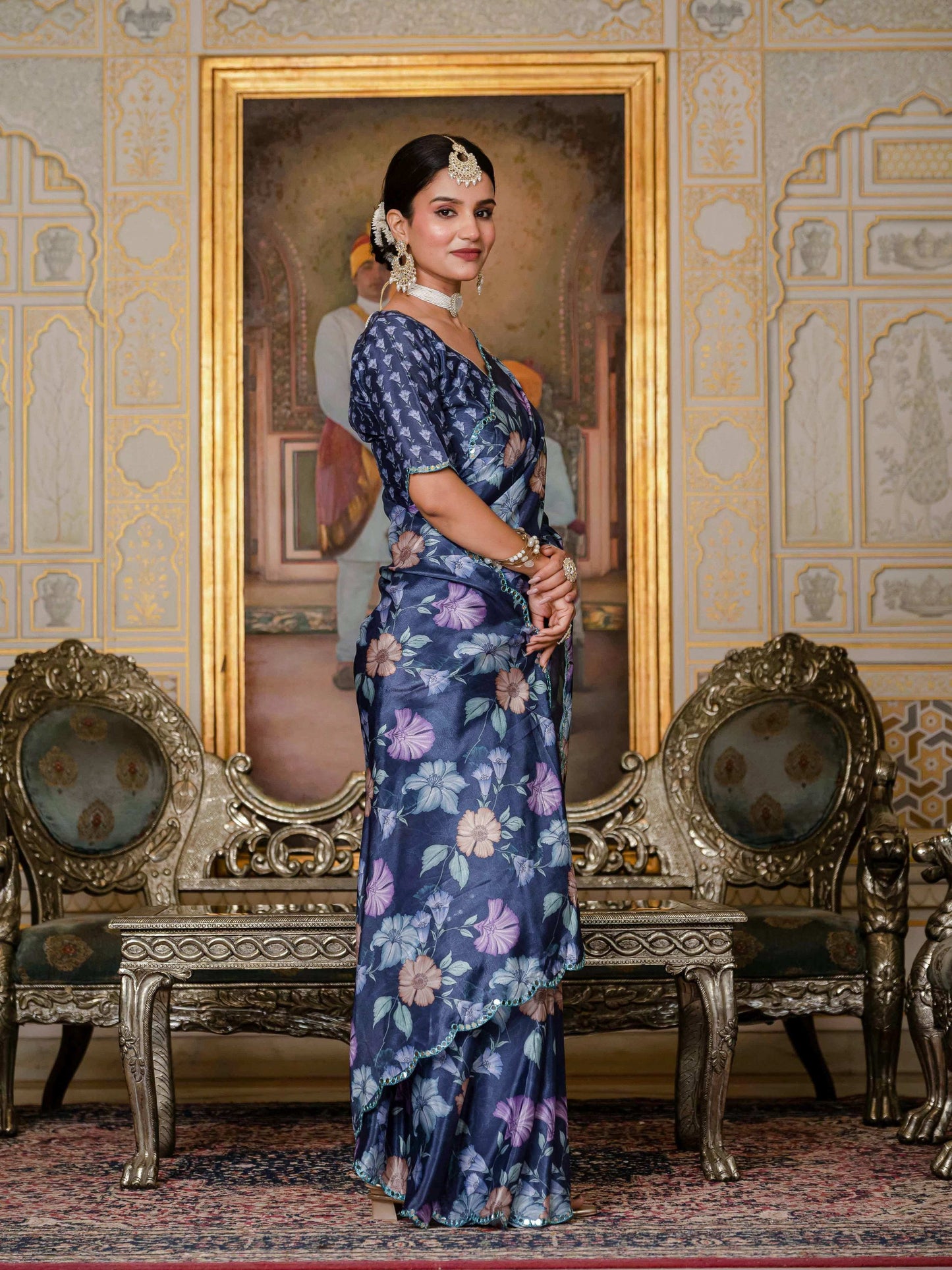 Jyoti Fashion Women's Navy Blue Chinon Digital Print with Mirror Saree with Blouse | Swadesiicart