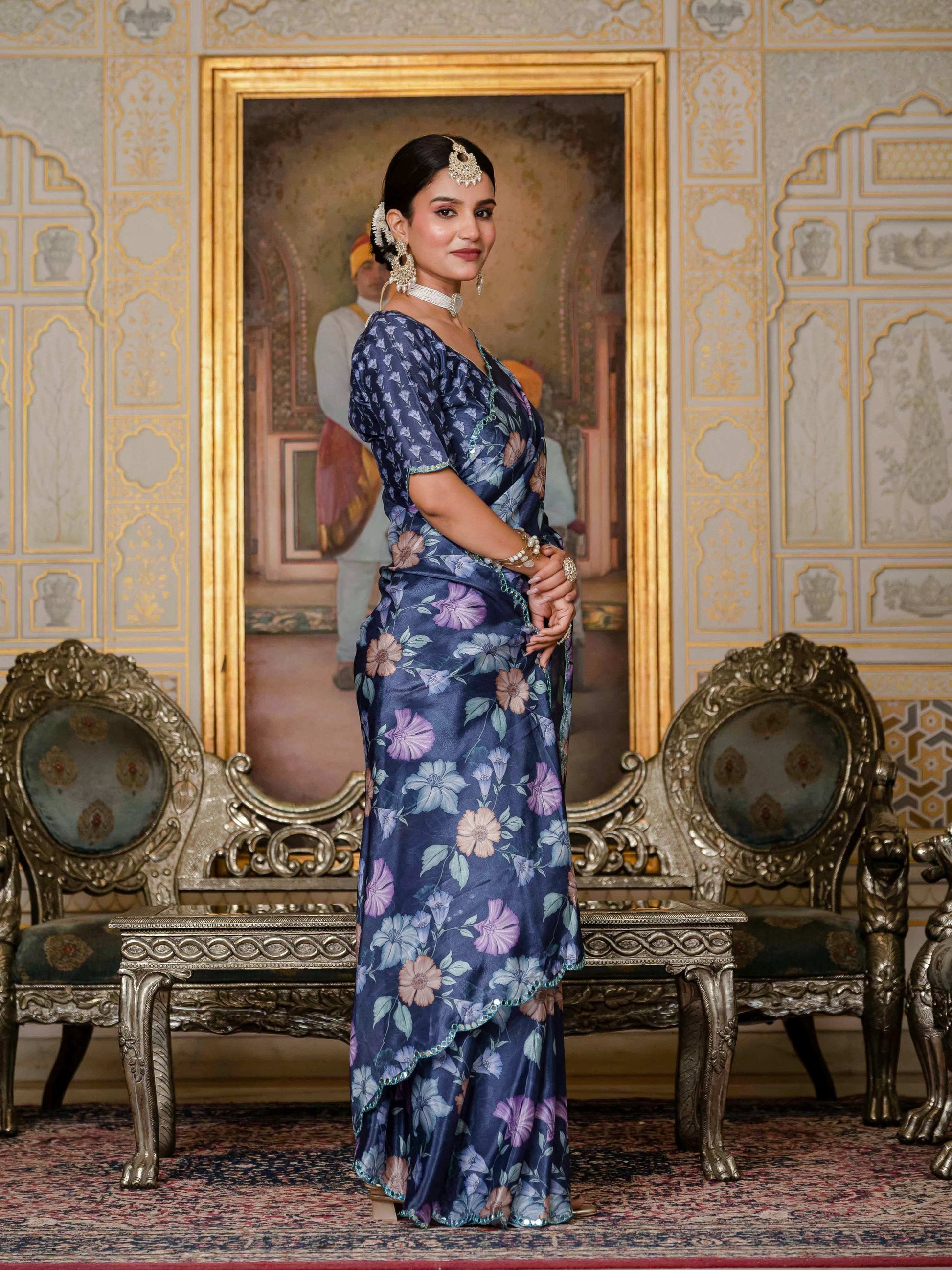 Jyoti Fashion Women's Navy Blue Chinon Digital Print with Mirror Saree with Blouse | Swadesiicart