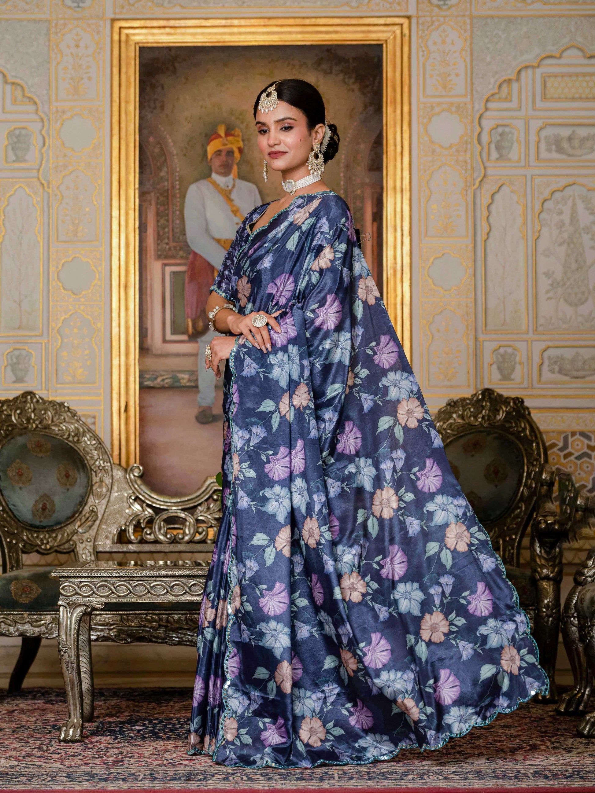 Jyoti Fashion Women's Navy Blue Chinon Digital Print with Mirror Saree with Blouse | Swadesiicart