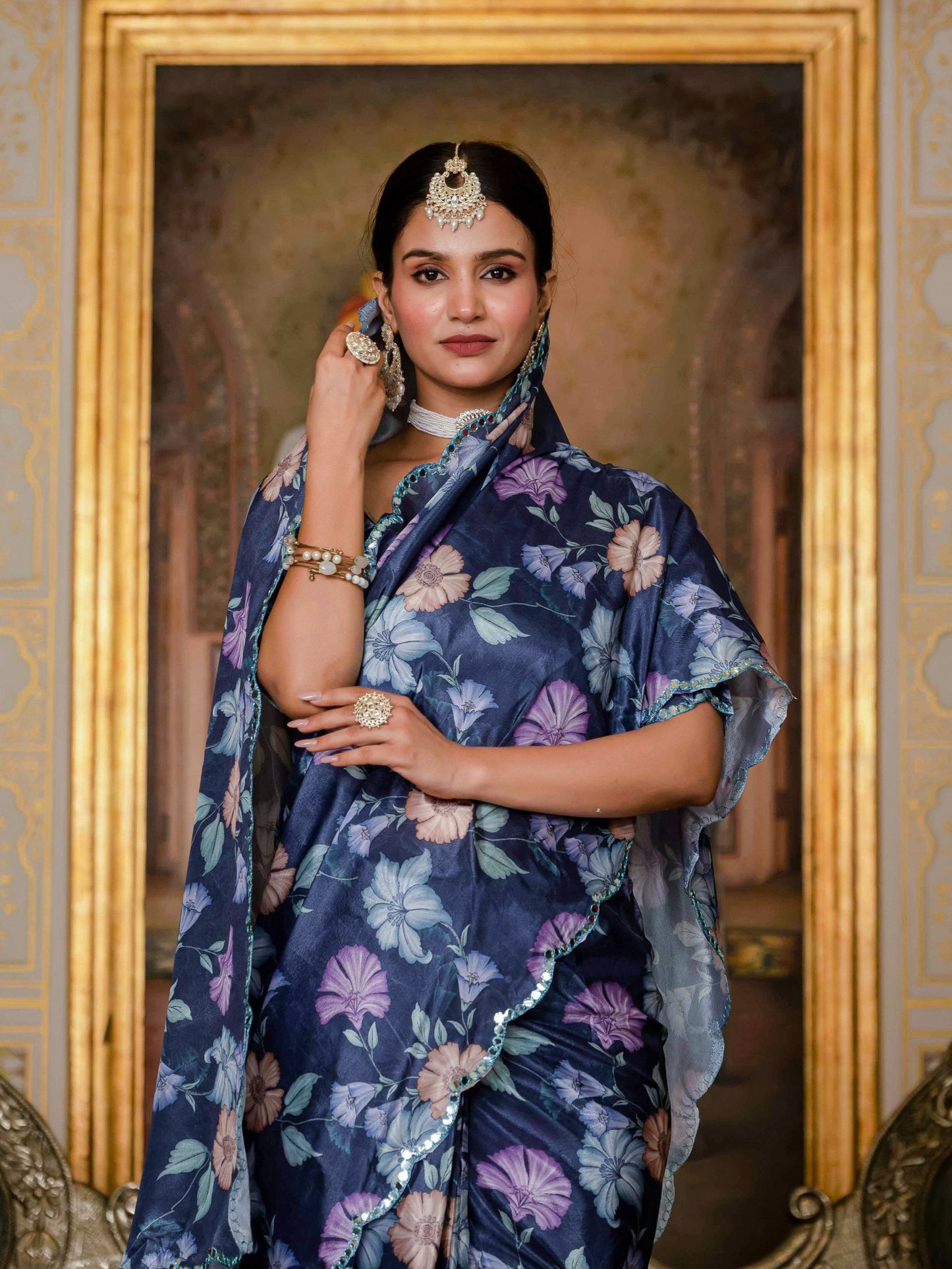 Jyoti Fashion Women's Navy Blue Chinon Digital Print with Mirror Saree with Blouse | Swadesiicart