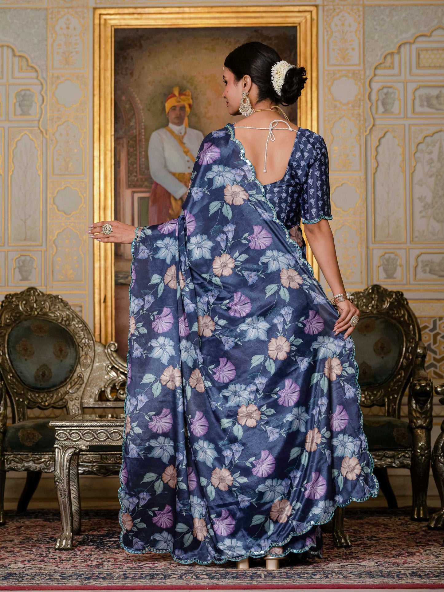 Jyoti Fashion Women's Navy Blue Chinon Digital Print with Mirror Saree with Blouse | Swadesiicart