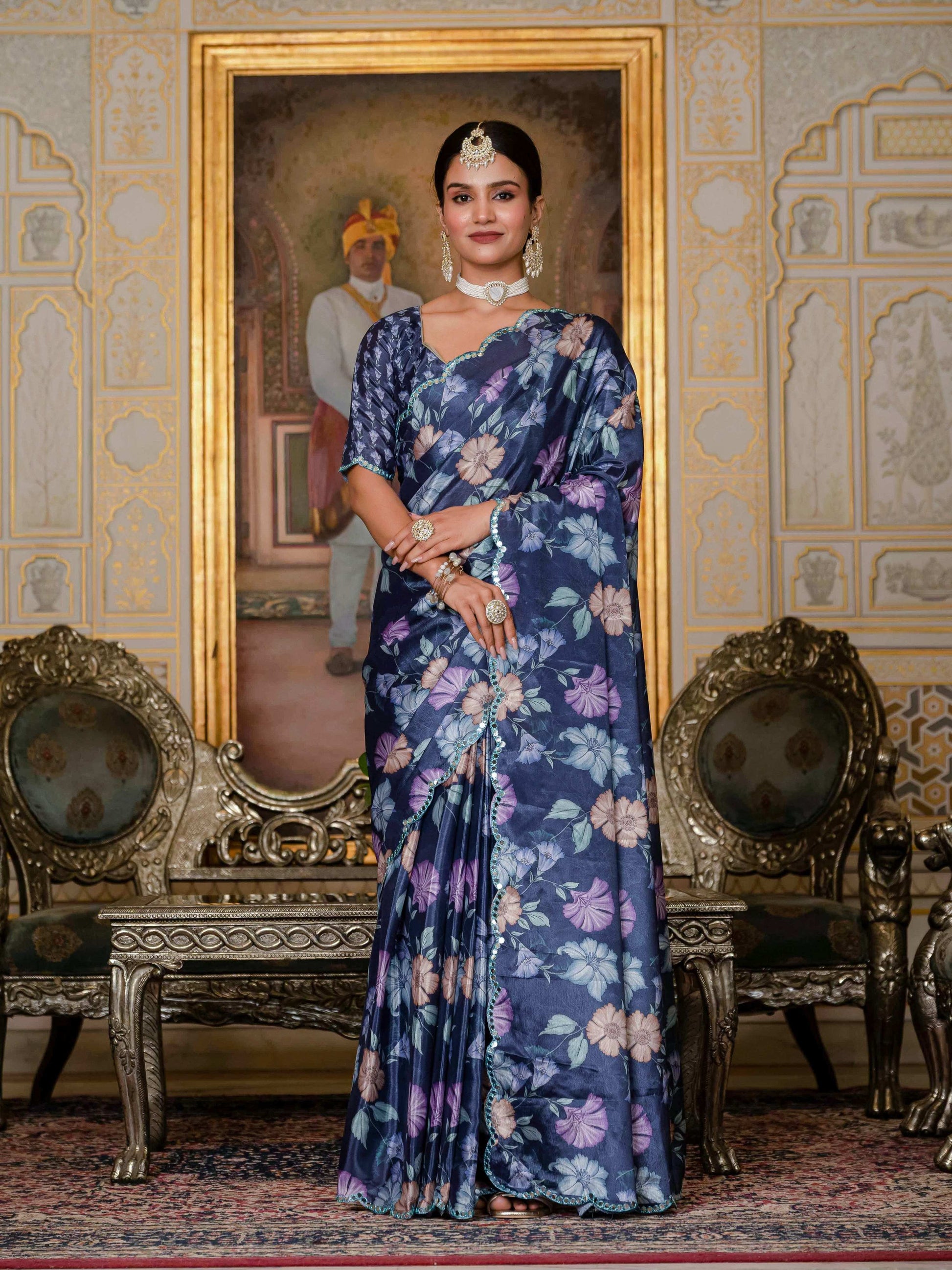 Jyoti Fashion Women's Navy Blue Chinon Digital Print with Mirror Saree with Blouse | Swadesiicart