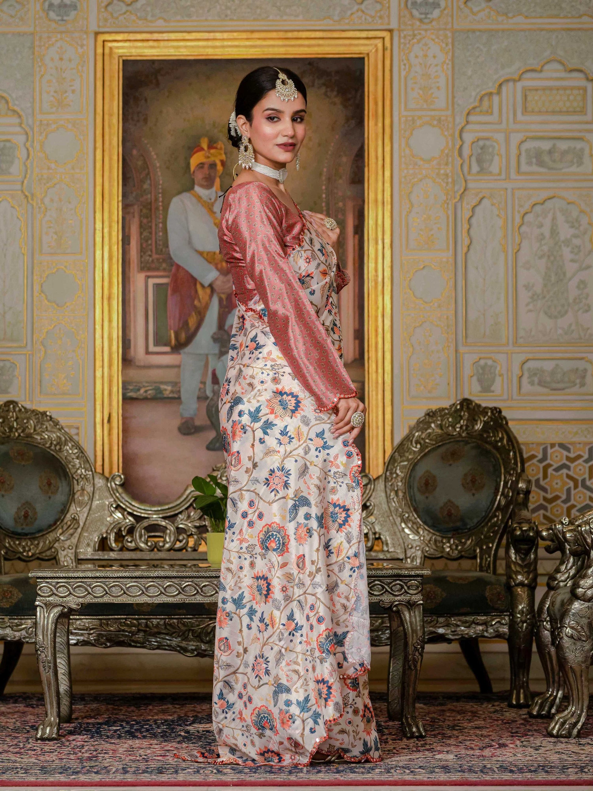 Jyoti Fashion Women's Multicolor Chinon Digital Print with Mirror Saree with Blouse | Swadesiicart