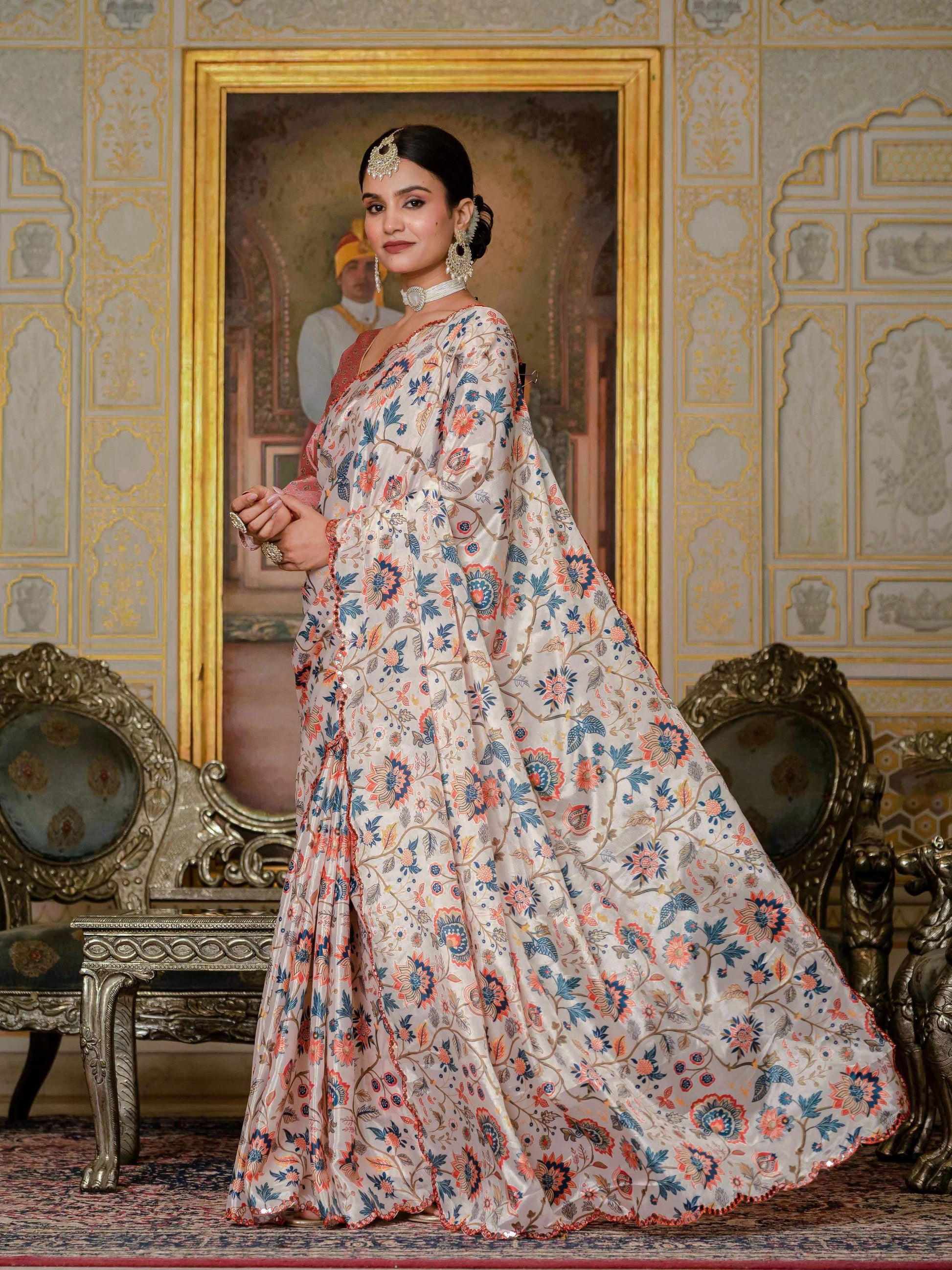 Jyoti Fashion Women's Multicolor Chinon Digital Print with Mirror Saree with Blouse | Swadesiicart
