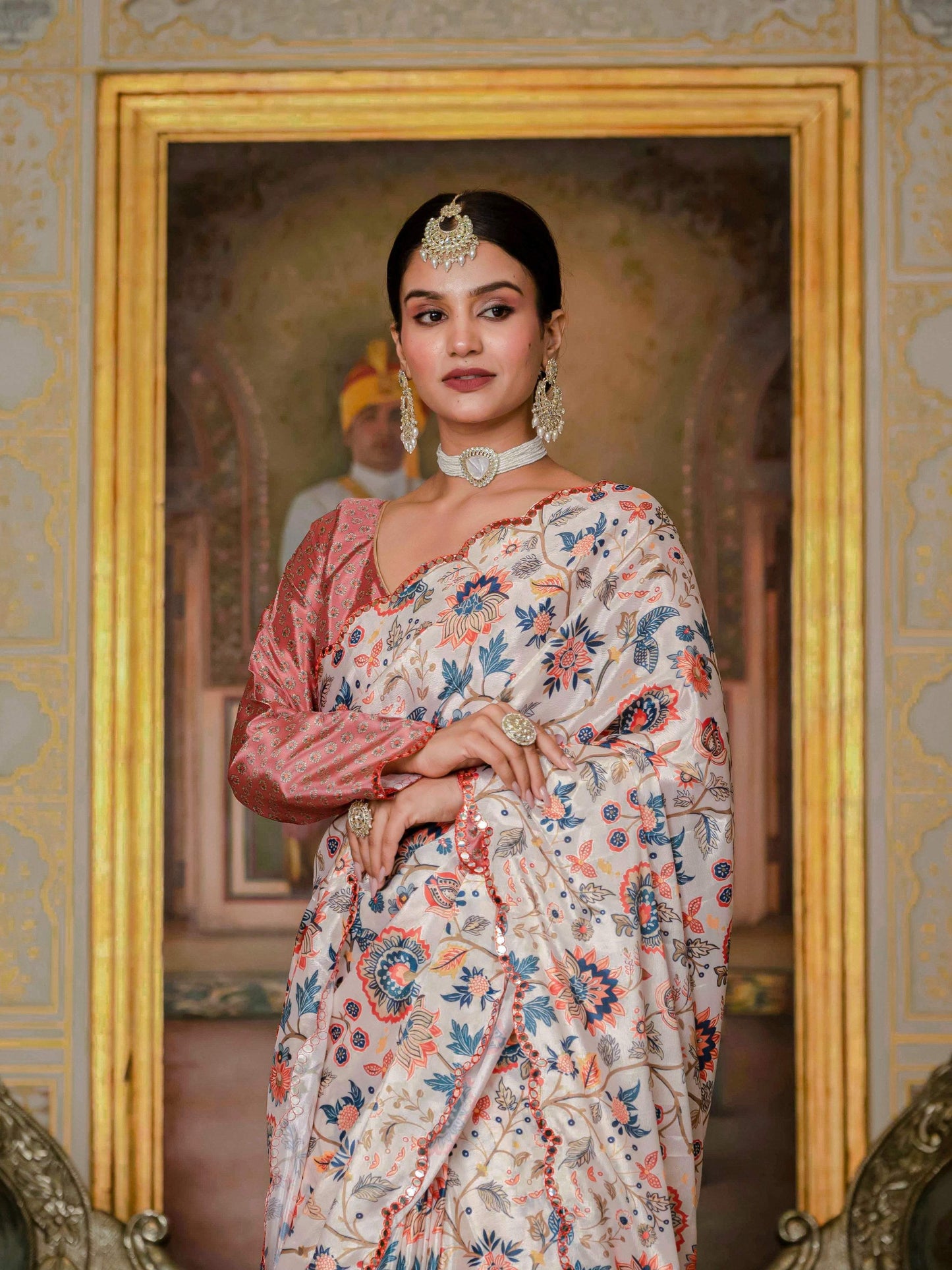 Jyoti Fashion Women's Multicolor Chinon Digital Print with Mirror Saree with Blouse | Swadesiicart