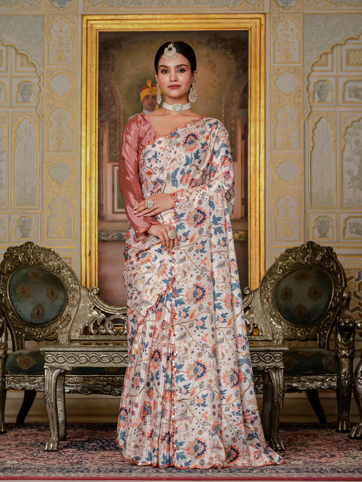 Jyoti Fashion Women's Multicolor Chinon Digital Print with Mirror Saree with Blouse | Swadesiicart