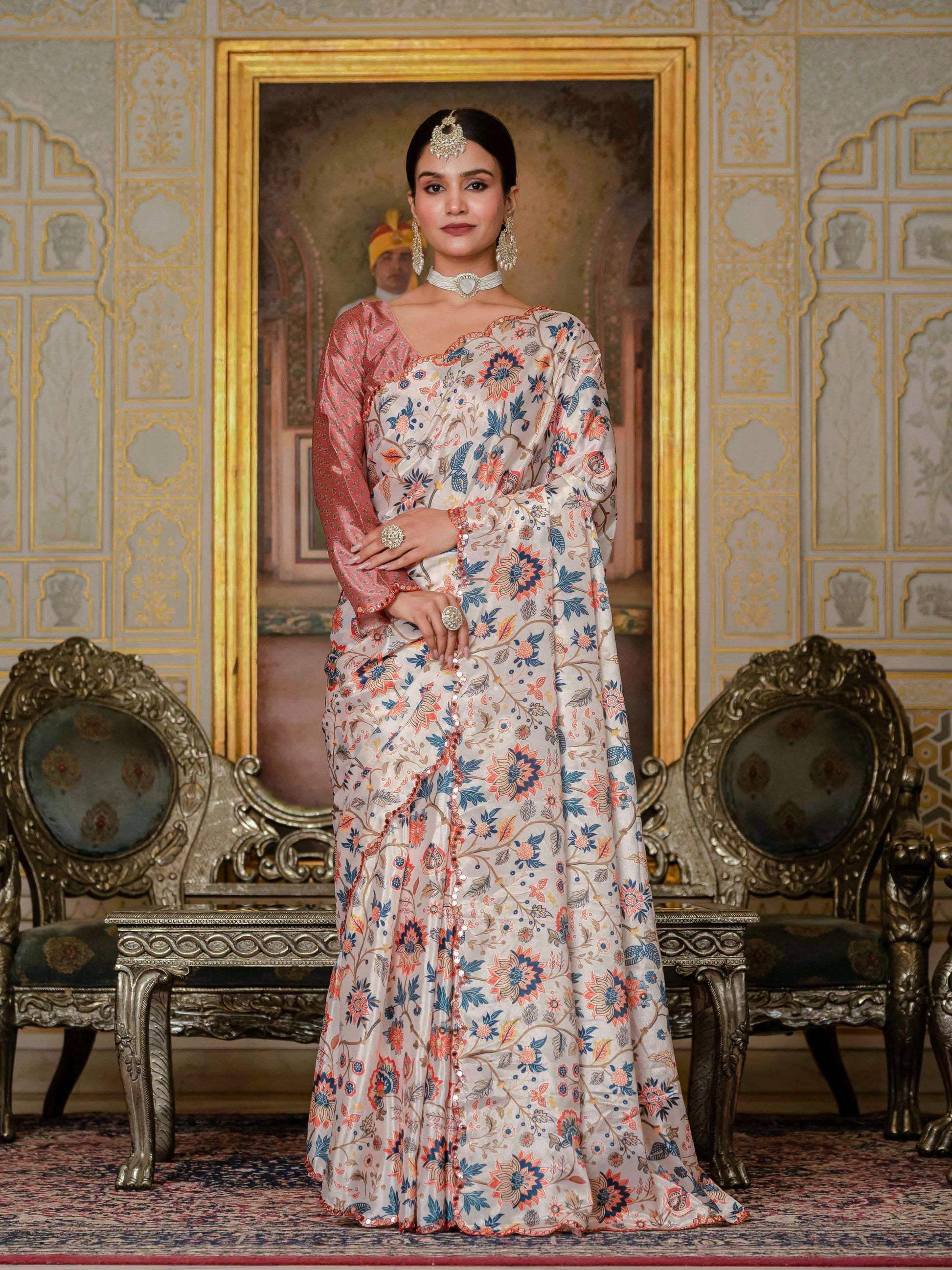 Jyoti Fashion Women's Multicolor Chinon Digital Print with Mirror Saree with Blouse | Swadesiicart