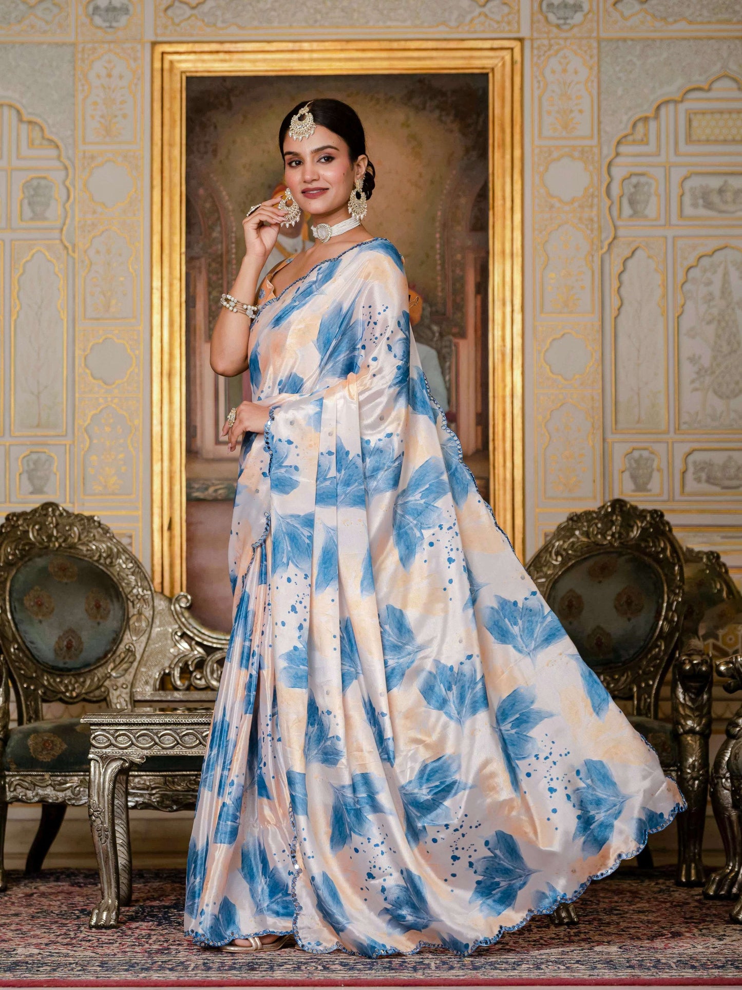 Jyoti Fashion Women's Blue Chinon Digital Print with Mirror Saree with Blouse | Swadesiicart