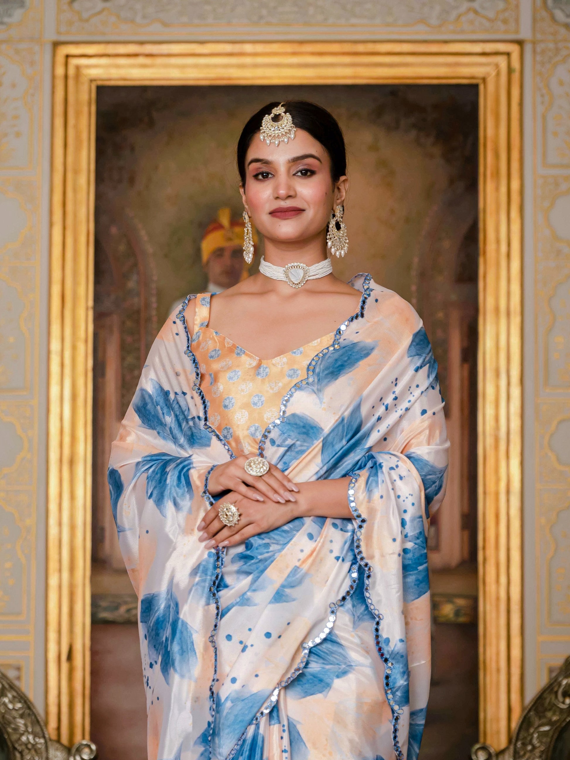 Jyoti Fashion Women's Blue Chinon Digital Print with Mirror Saree with Blouse | Swadesiicart