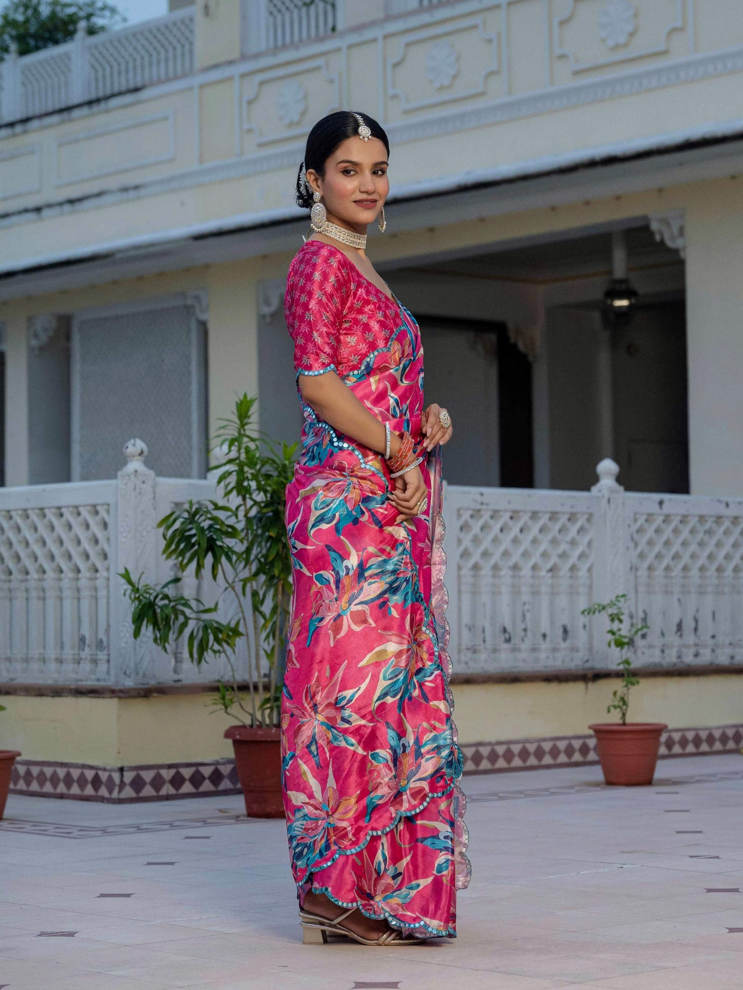 Jyoti Fashion Women's Rani Pink Chinon Digital Print with Mirror Saree with Blouse | Swadesiicart