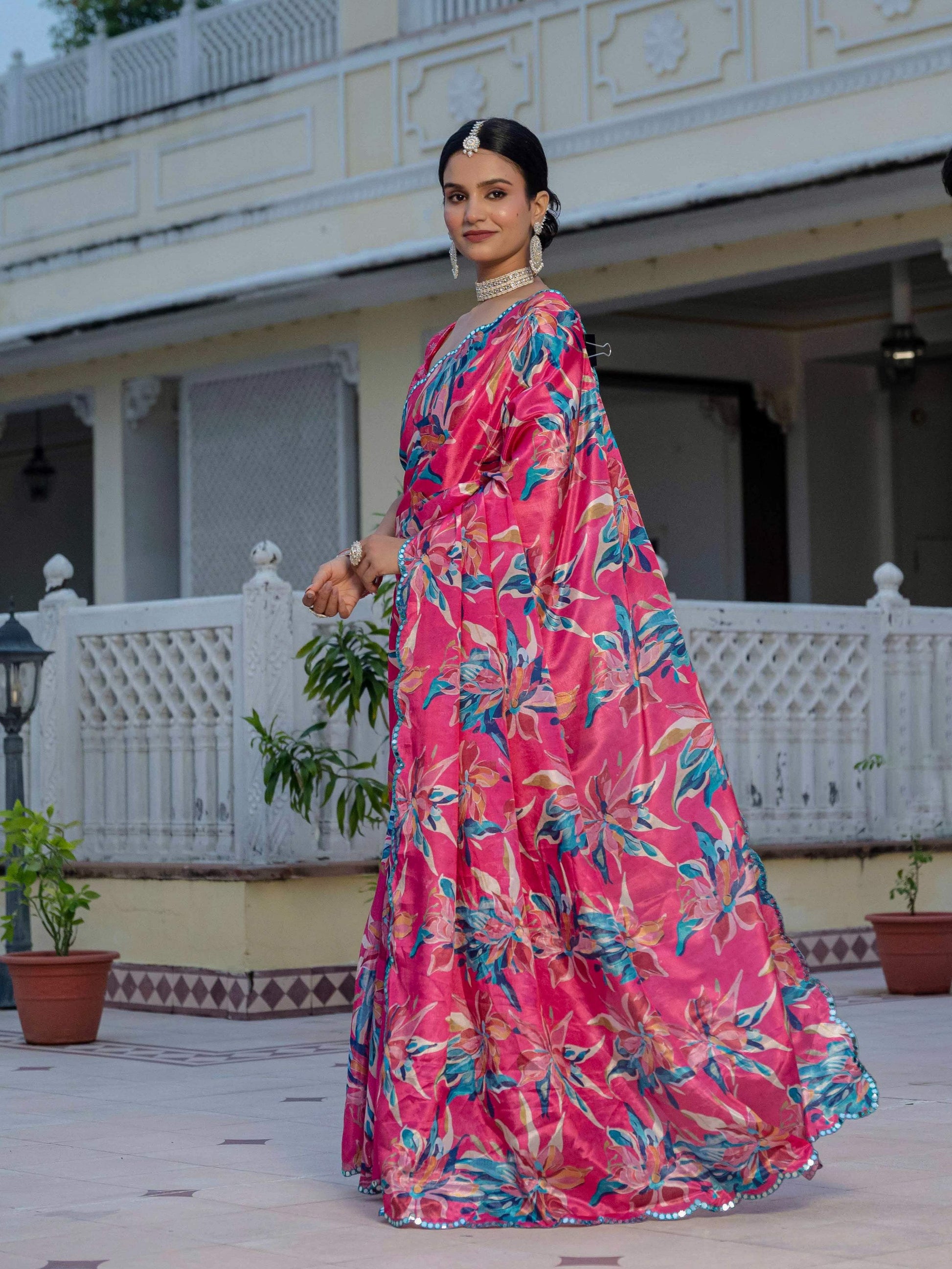 Jyoti Fashion Women's Rani Pink Chinon Digital Print with Mirror Saree with Blouse | Swadesiicart