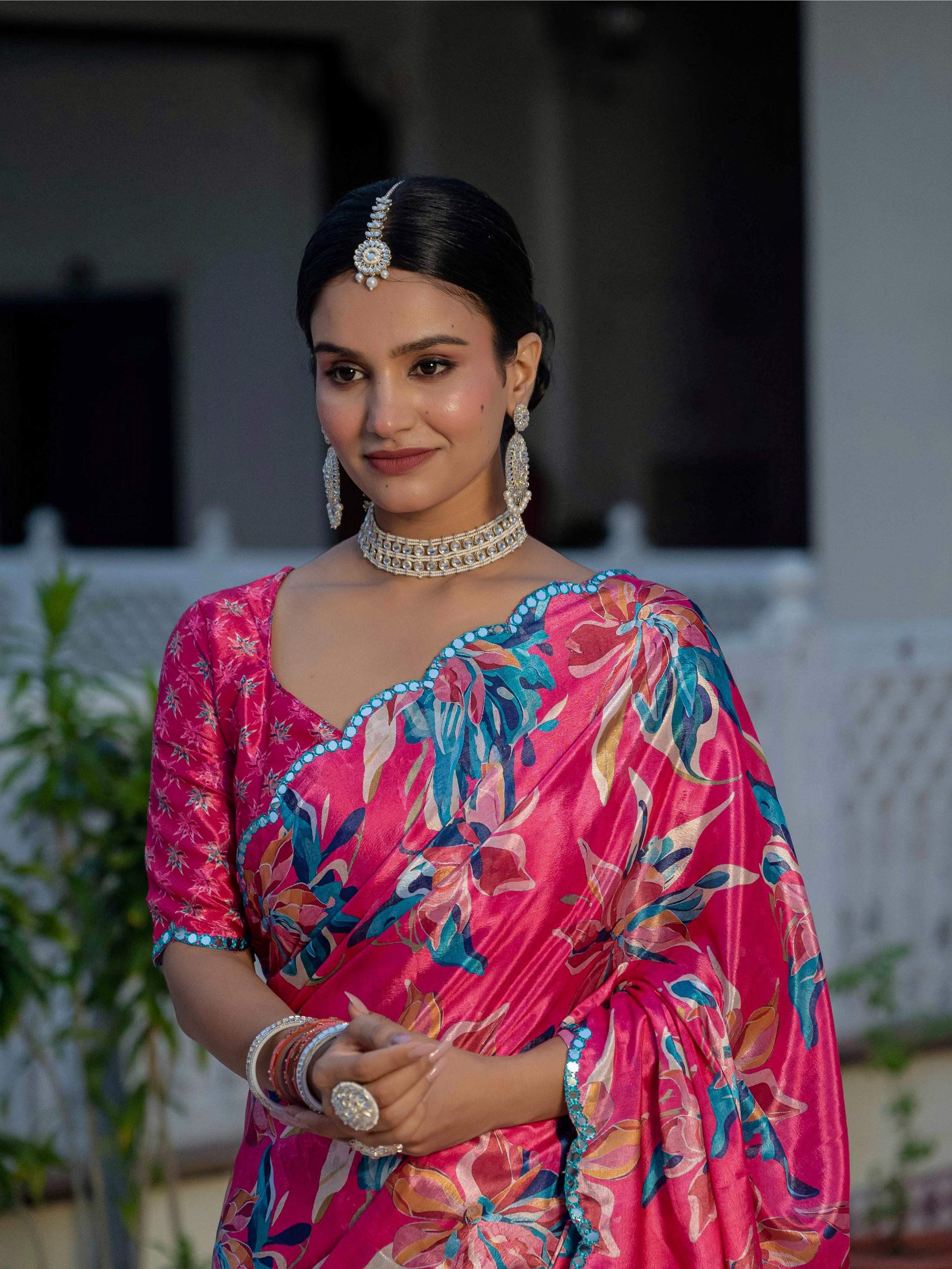 Jyoti Fashion Women's Rani Pink Chinon Digital Print with Mirror Saree with Blouse | Swadesiicart