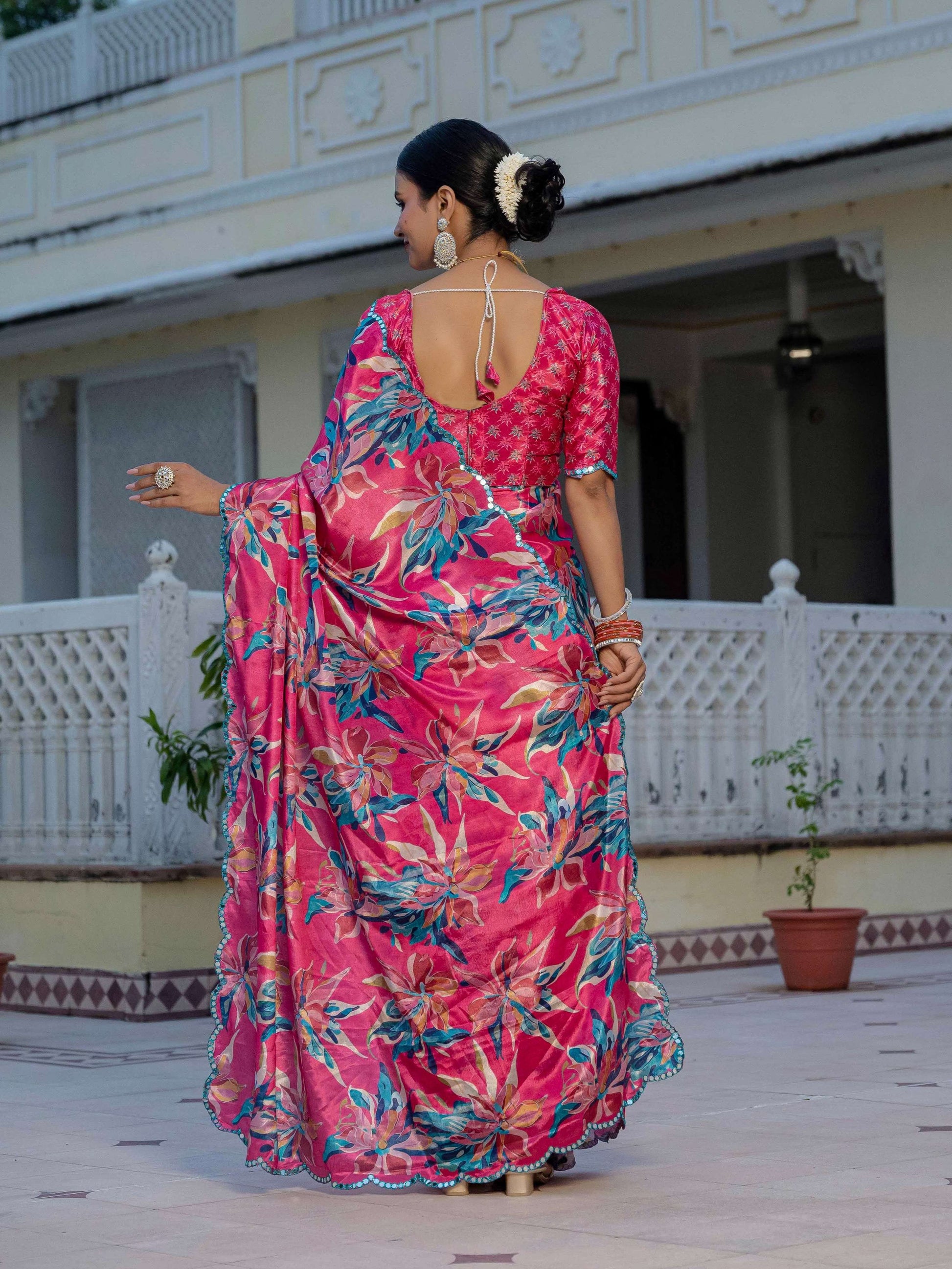 Jyoti Fashion Women's Rani Pink Chinon Digital Print with Mirror Saree with Blouse | Swadesiicart