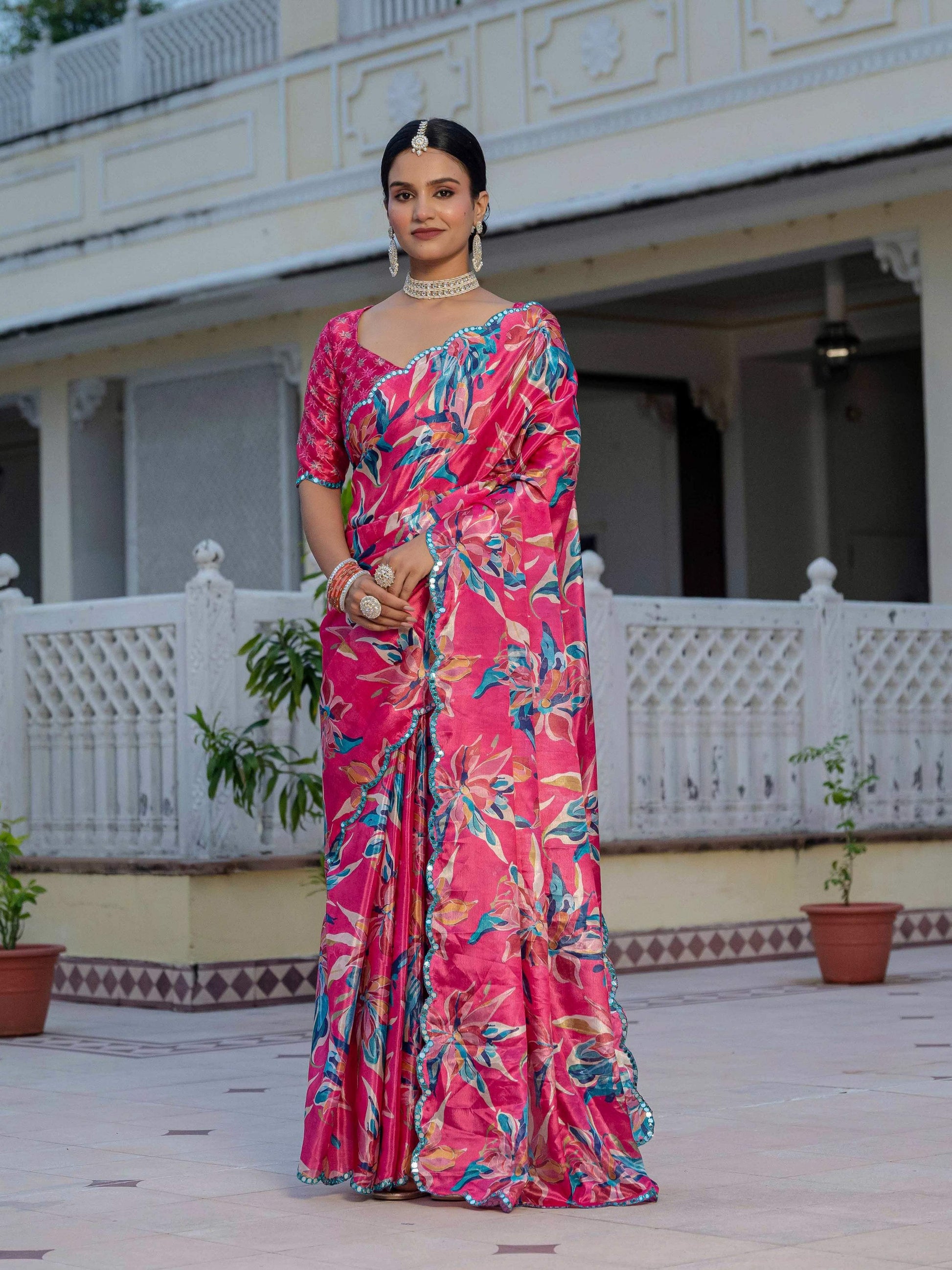 Jyoti Fashion Women's Rani Pink Chinon Digital Print with Mirror Saree with Blouse | Swadesiicart