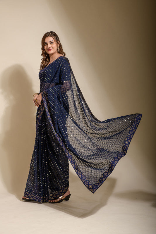 Jyoti Fashion Women's Navy Blue Sequence Embroidery Georgette Saree with Blouse | Swadesiicart