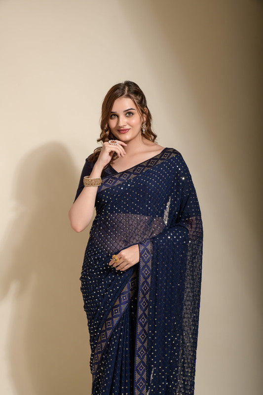 Jyoti Fashion Women's Navy Blue Sequence Embroidery Georgette Saree with Blouse | Swadesiicart