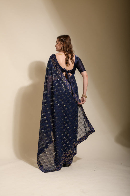 Jyoti Fashion Women's Navy Blue Sequence Embroidery Georgette Saree with Blouse | Swadesiicart
