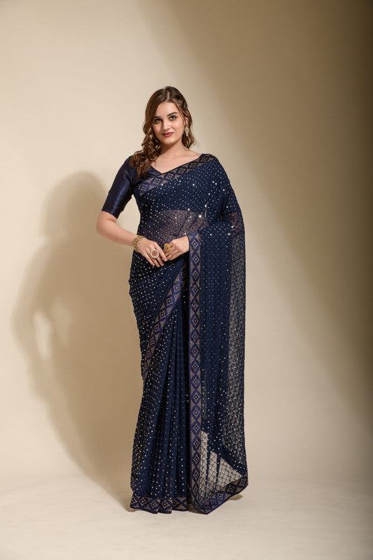 Jyoti Fashion Women's Navy Blue Sequence Embroidery Georgette Saree with Blouse | Swadesiicart