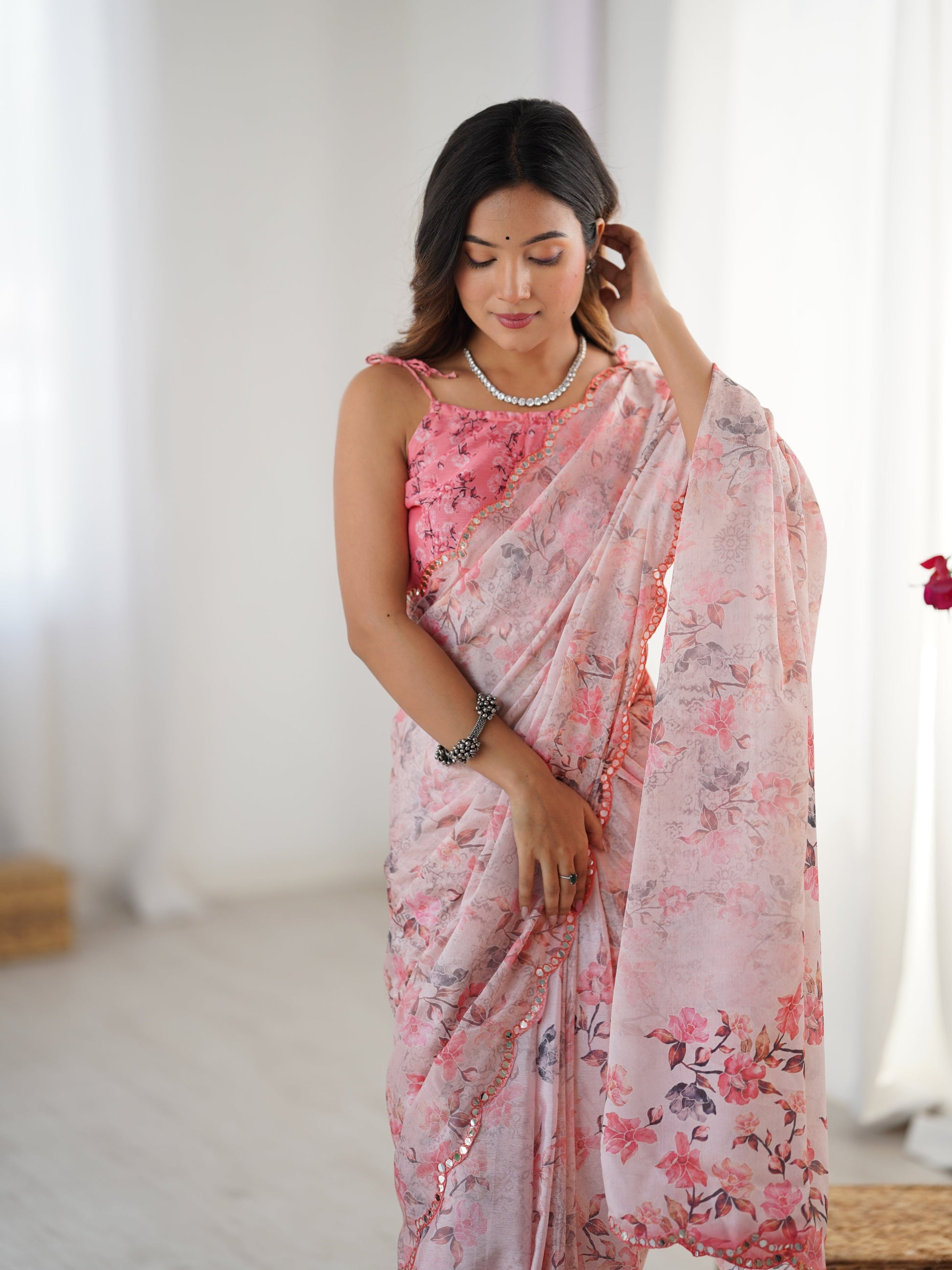 Jyoti Fashion Women's Pink Chinon Digital Printed Designer Saree with Blouse - Swadesiicart