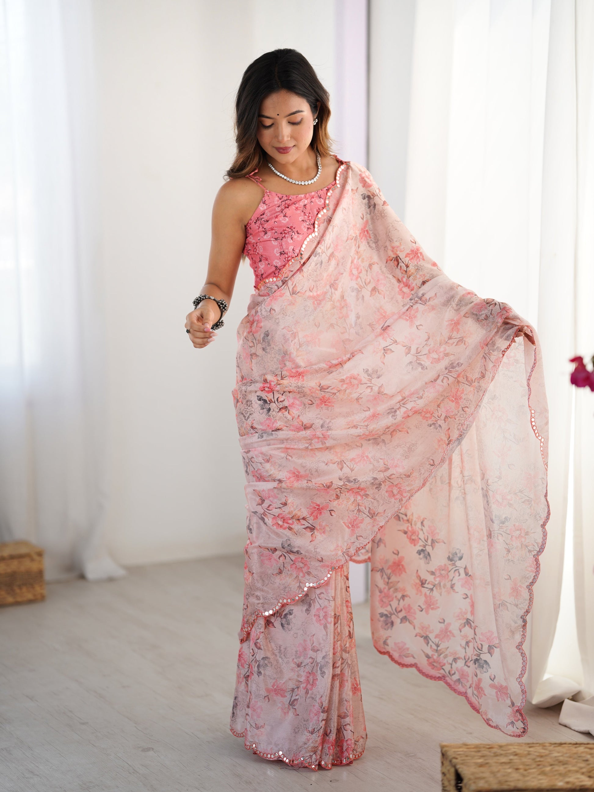 Jyoti Fashion Women's Pink Chinon Digital Printed Designer Saree with Blouse - Swadesiicart