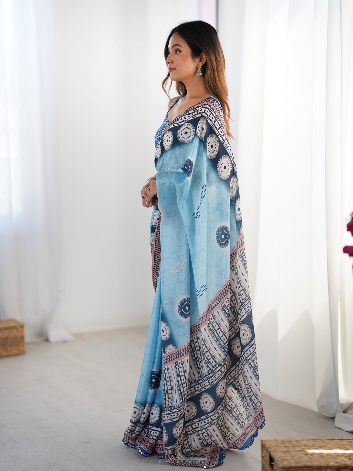 Jyoti Fashion Women's Sky Blue Chinon Digital Printed Designer Saree with Blouse - Swadesiicart