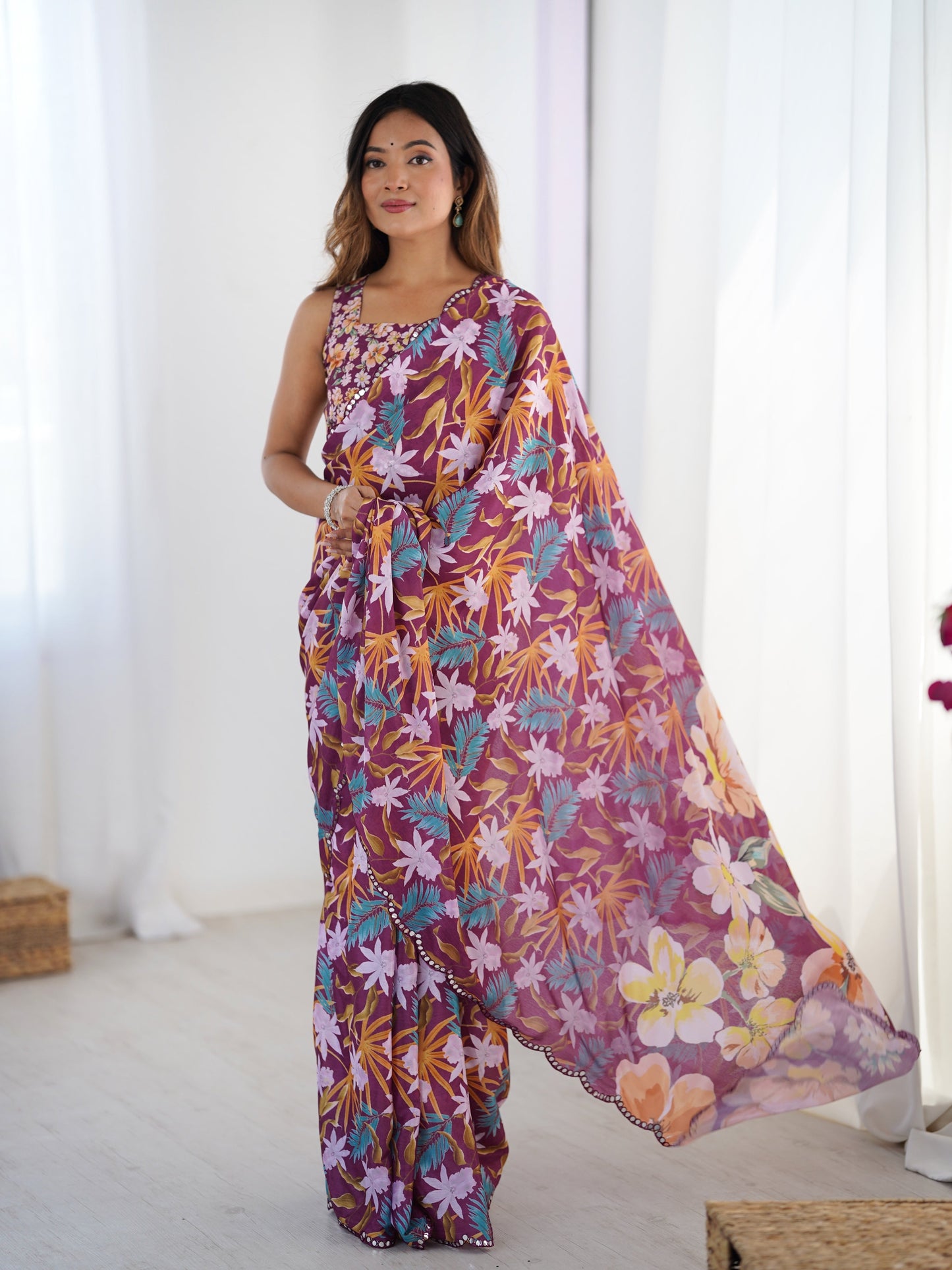 Jyoti Fashion Women's Multicolor Chinon Digital Printed Designer Saree with Blouse - Swadesiicart