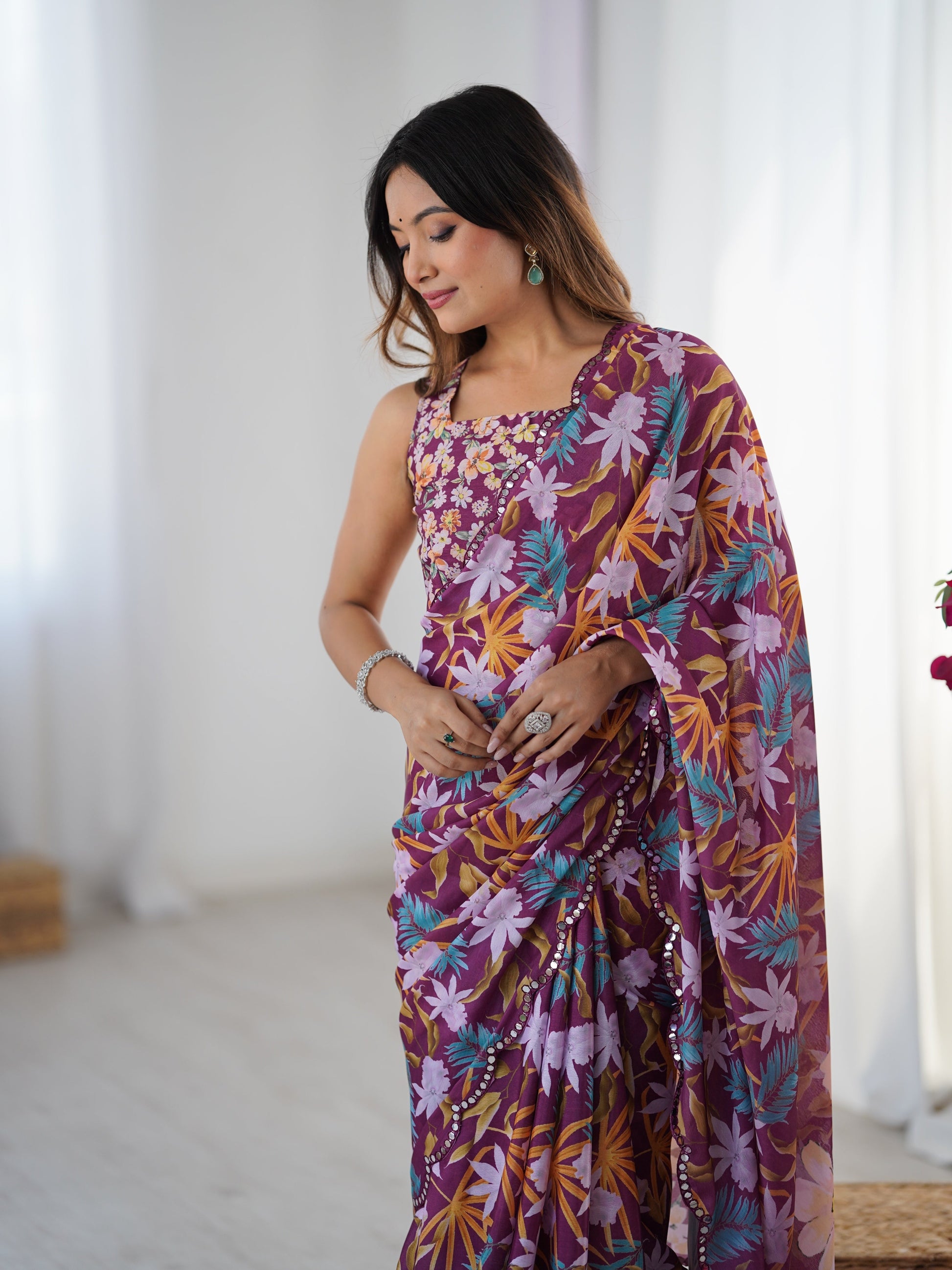 Jyoti Fashion Women's Multicolor Chinon Digital Printed Designer Saree with Blouse - Swadesiicart