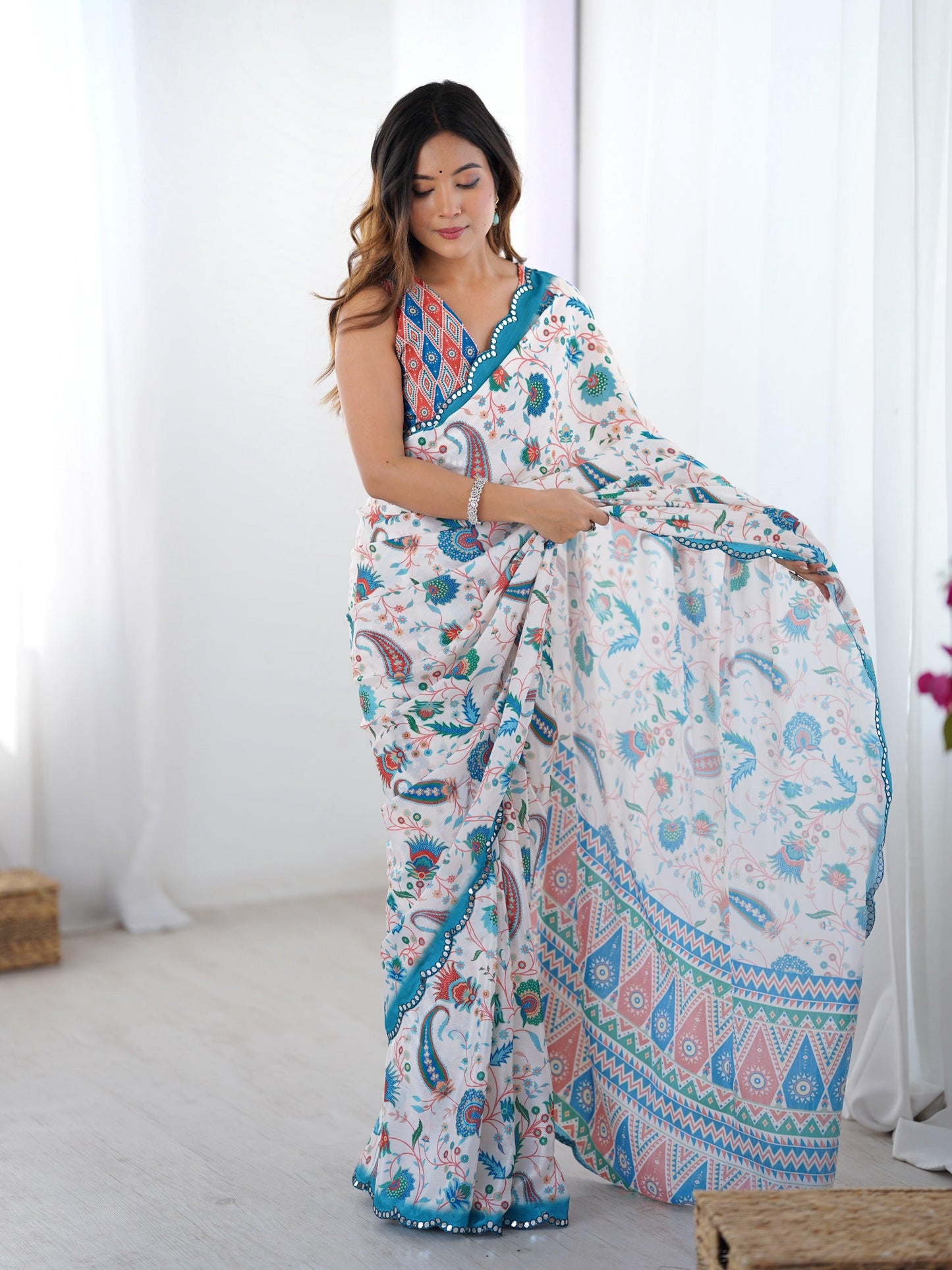 Jyoti Fashion Women's Multicolor Chinon Digital Printed Designer Saree with Blouse - Swadesiicart