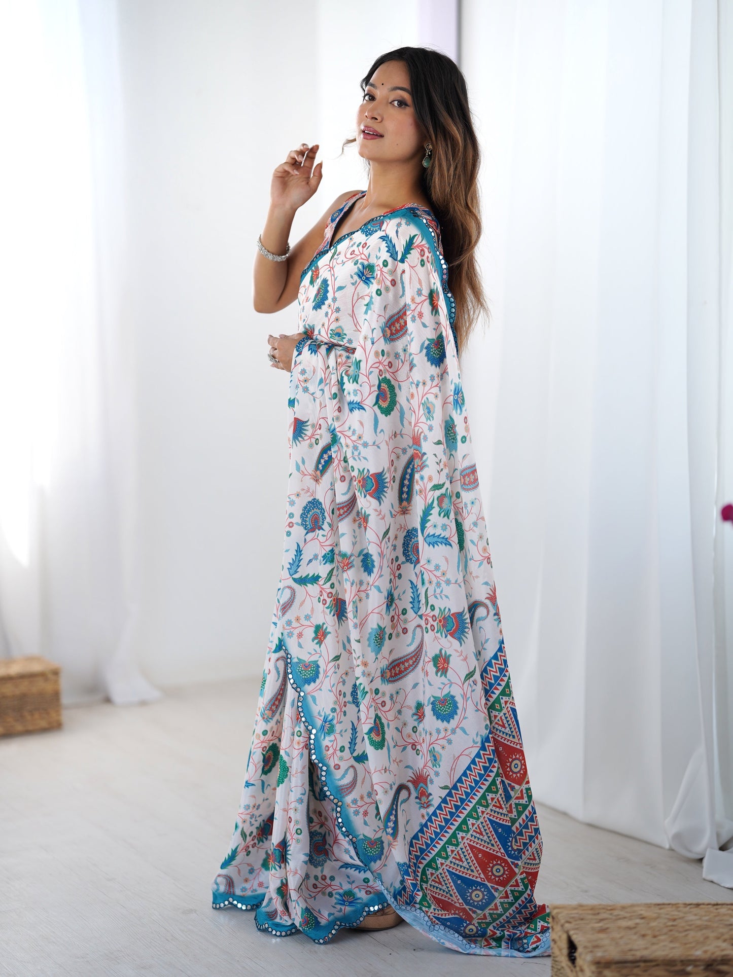 Jyoti Fashion Women's Multicolor Chinon Digital Printed Designer Saree with Blouse - Swadesiicart
