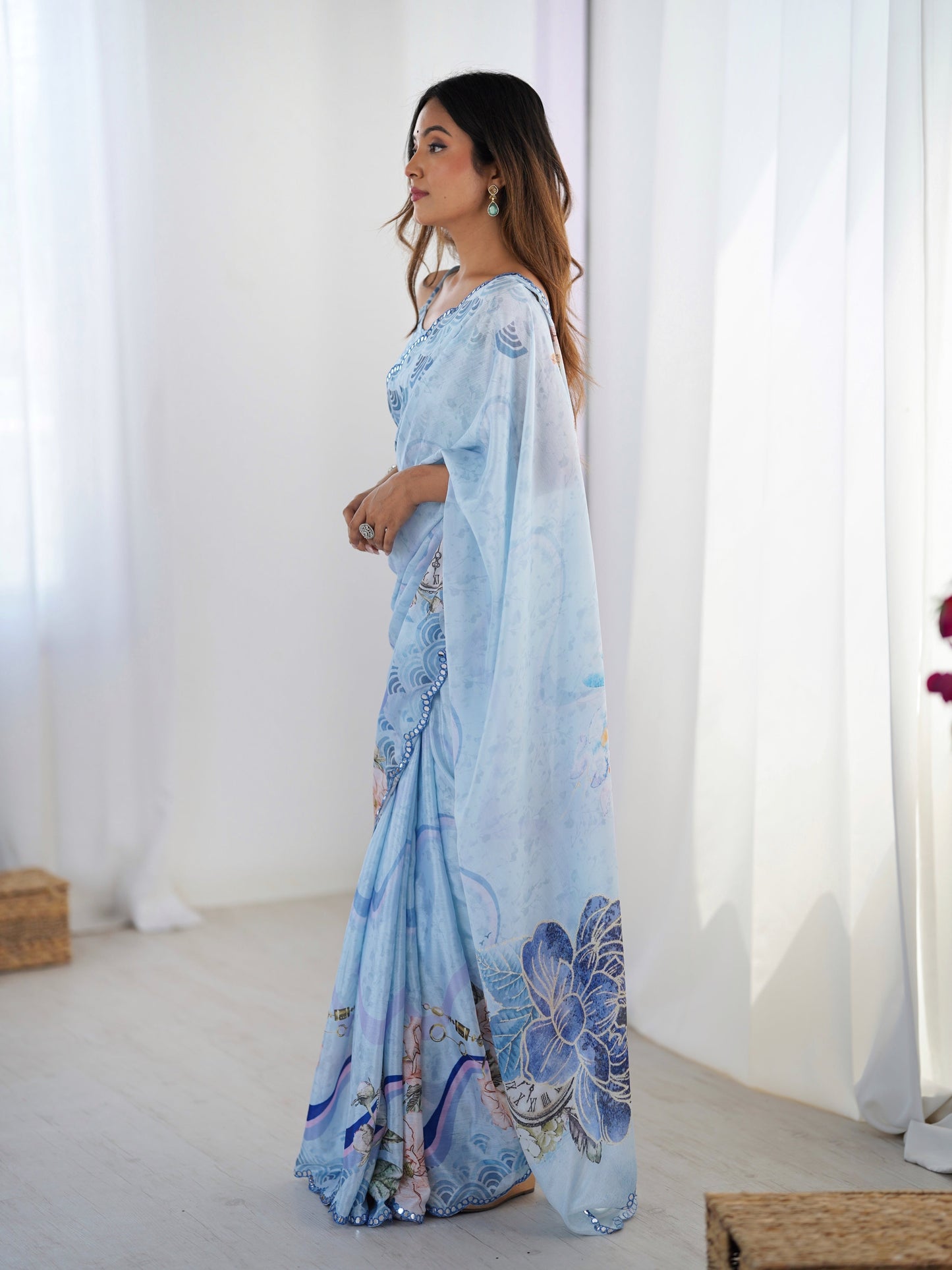 Jyoti Fashion Women's Sky Blue Chinon Digital Printed Designer Saree with Blouse - Swadesiicart